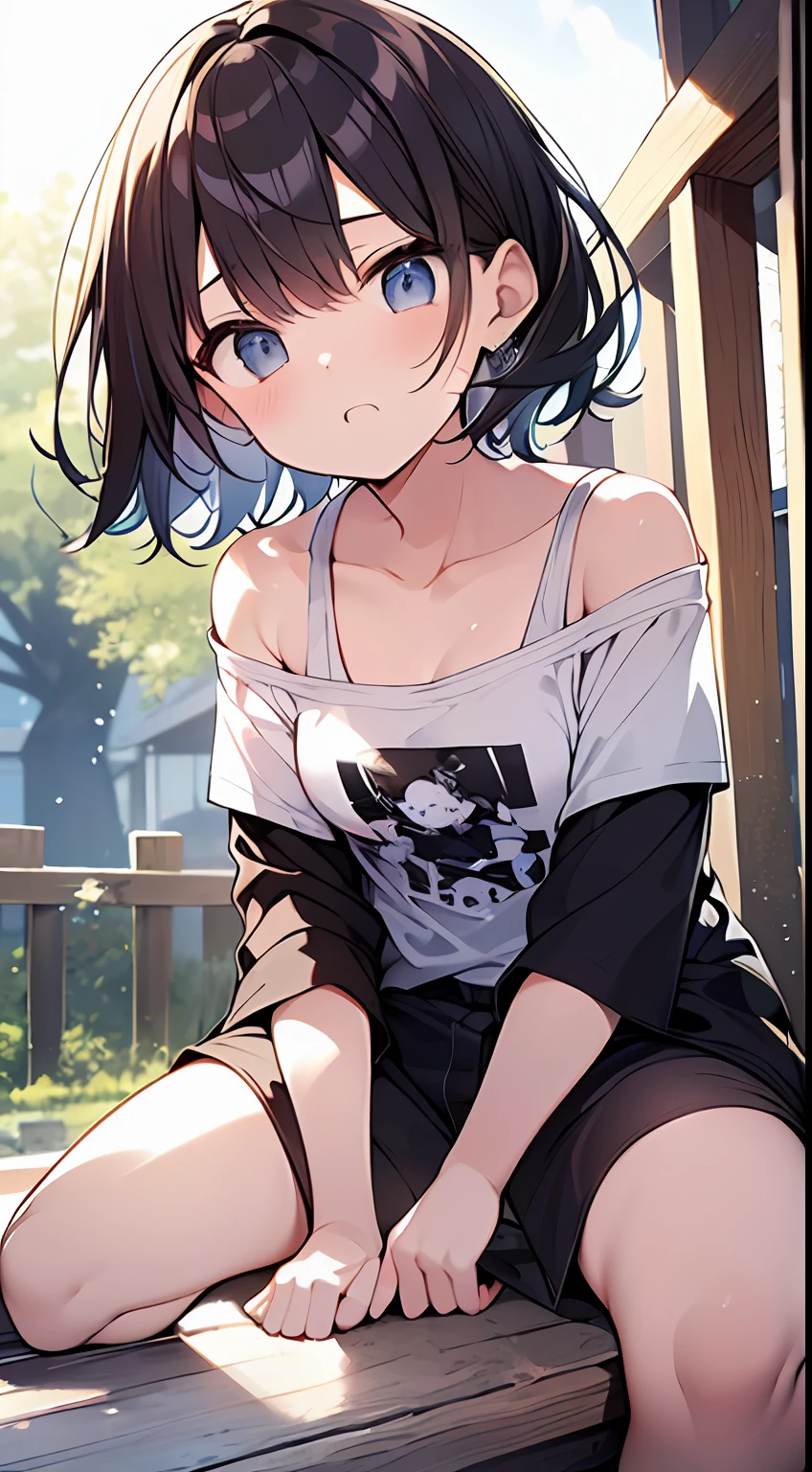(top-quality、32K image quality、masterpiece、nffsw:1.2)、a cute 、Medium short hair、short braiding、beauitful face、(Slouched:1.3)、crouching down、(From above:1.2)、(a closeup:1.4)、small curvy loliou can see the chest))、Bust Up Perspective、Loose baggy T-shirt、(beautiful nipple slips:0.9)、outside of house、the wind、shinny skin、blurry backround