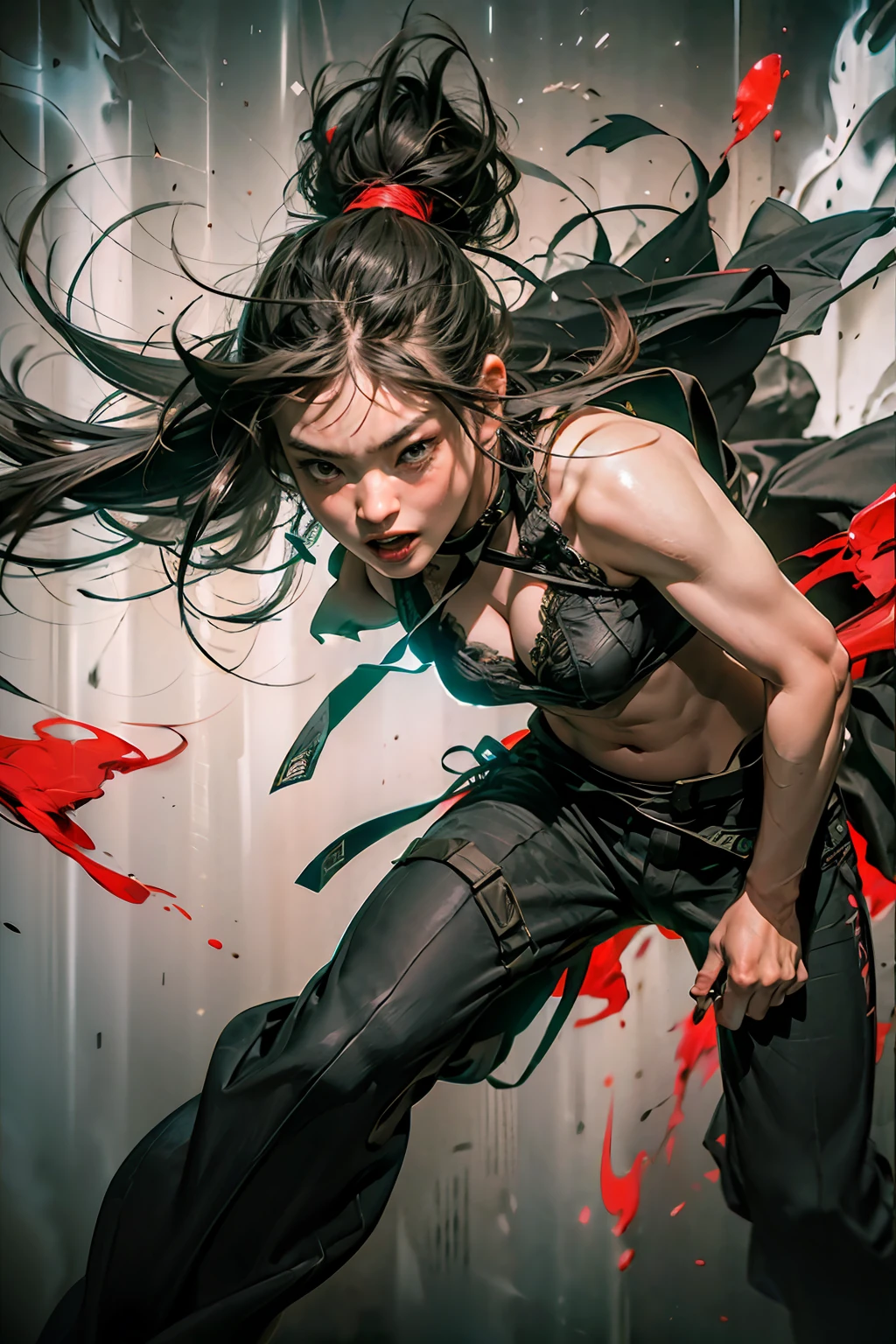(RAW photo, best quality),(realistic, photorealistic: 1.3),extremely delicate and beautiful,Amazing,small detail,masterpiece,ultradetailed,high resolution,(best illustration),(best shadow),intricate, (male: 1.4),armor,sword,long hair,black hair,holding weapon,blood,sword. (dynamic pose), holding, arm guards, blood on gun, tabi, floating hair, full body, costume, brushstrokes, explosions, overexposure, ((watercolor painting by John Berkey and Jeremy Mann)) brushstrokes, negative space, red paint splatter, in the style of gritty urban realism, violent and wild artwork with a satirical edge, intense energy (fog: 1.4), sharp focus, volumetric fog, 8k UHD, DSLR, high quality (film grain:: 1 ,4), Fujifilm XT3, print in black and red tones background, motion blur, ,upper body