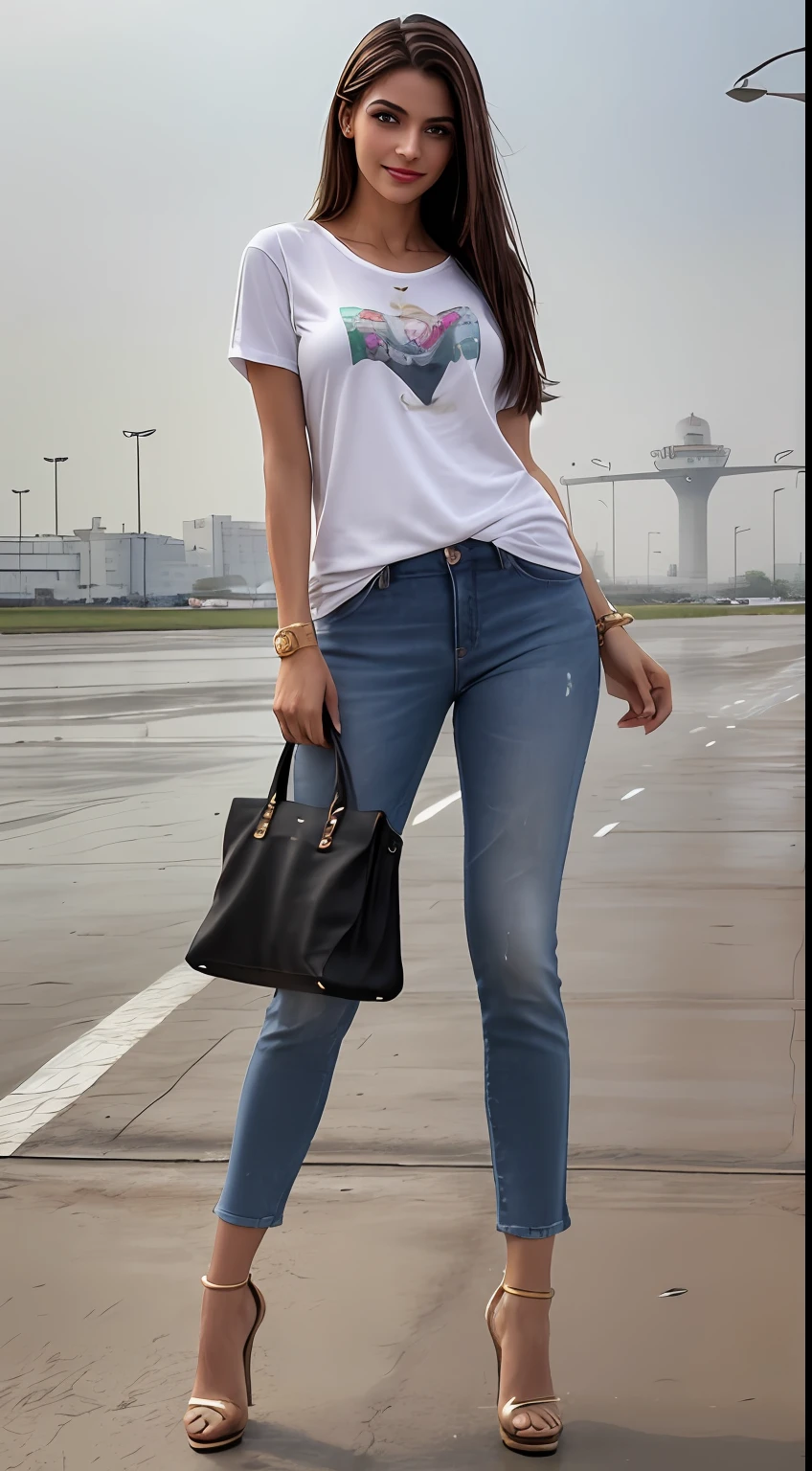 ((Best Quality, 8k, Masterpiece:1.3)), Focus: 1.2, Perfect Body Beauty: 1.4, front looking 1.2, (long straight hairstyle)), (Black round neck plain Baggy Tee-shirt, baggy style:1.1) , (rainy weather, Street:1.3), Baggy fitting jeans, smiling, full length skinny gray jeans: 1.1, Highly detailed face and skin texture, Detailed eyes, Double eyelids, toned body, Whitened skin, smile, black straight hair's, heels, firm breasts, looking at camera, fashion shoot style, full body length tee-shirt, Short sleeves, high heels, big earrings, hand bangle's and golden watch. Carrying brown leather hand bag, light lipstick, baggy tee-shirt, lose baggy Teeshirt , standing at Pakistan airport runway, Jinnah terminal Karachi, in background aircrafts standing, wet airport runway, in background, wet airport runway, Pakistan international airlines, PIA, wet runway, rainy atmosphere, model posing, open leg's, detailed feets and fingers, blue sky, white cloud's