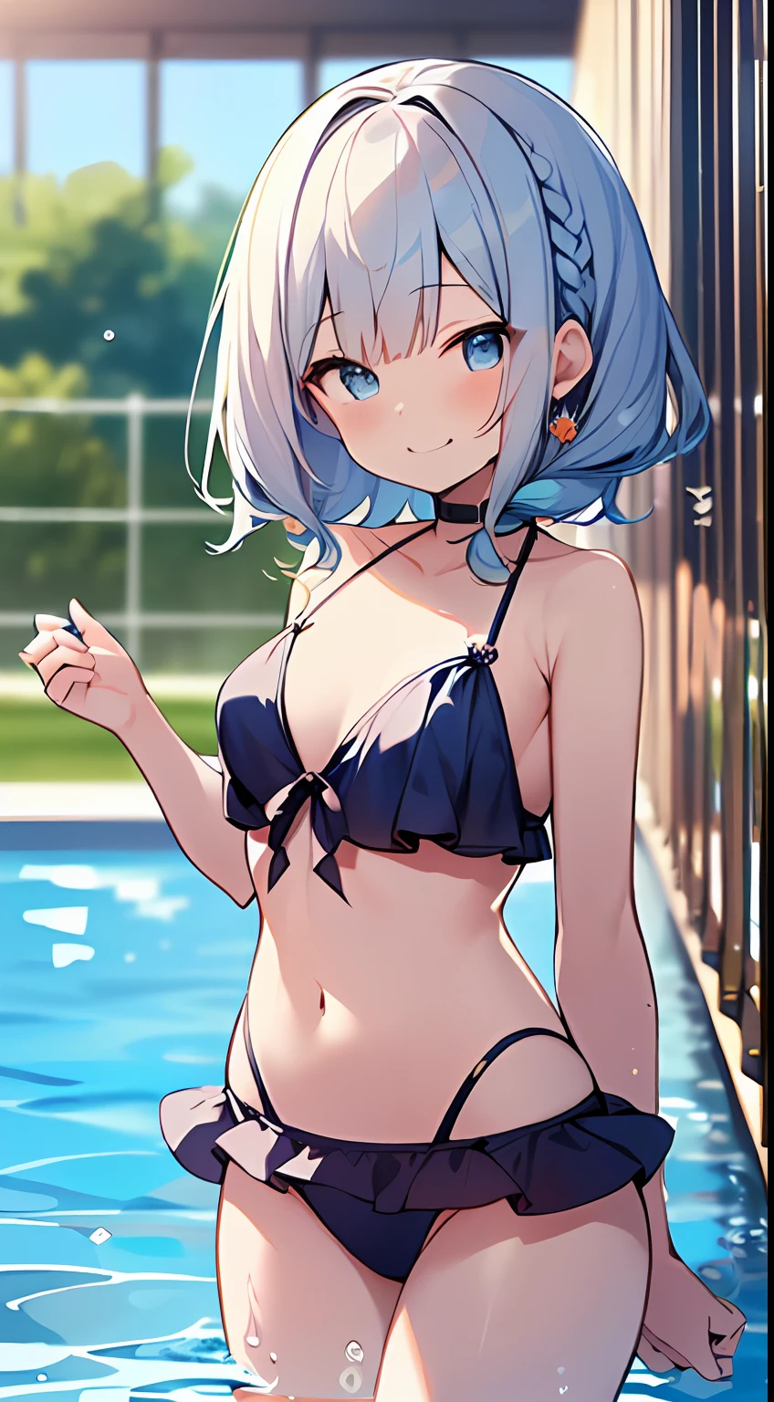 (Incredibly ridiculous absolute resolution:1.5)、hiquality、top-quality、masuter piece、Anime girl in light blue and white bikini, 魅惑的、Anime ****, 8k Manga Wallpapers, Smile、Shy laughter、((small curvy ****))、  pretty anime girl,((swimming pools))、(Medium Shorthair)、(short braided hair)、blurry backround