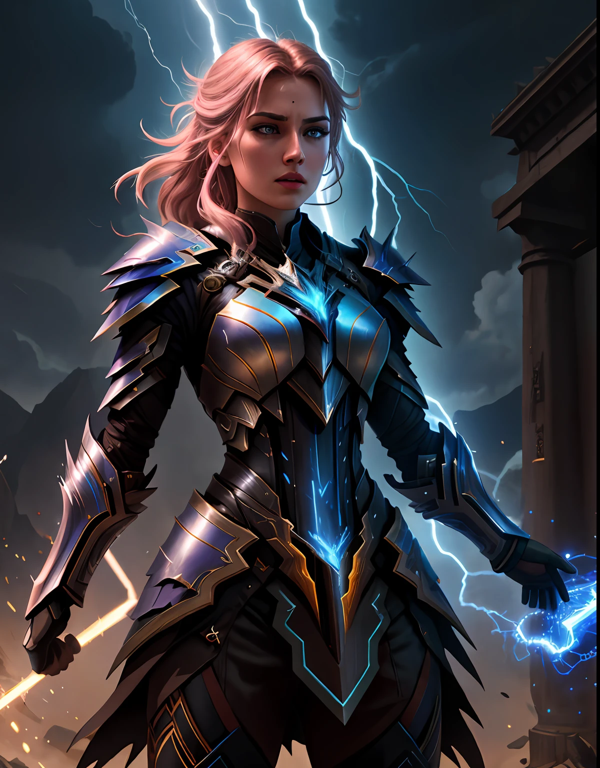 4K, Masterpiece, highres, absurdres,
edgThunderstruck,woman in armor,lightning bolt ,wearing edgThunderstruck_armor, electrified, weilding thunder