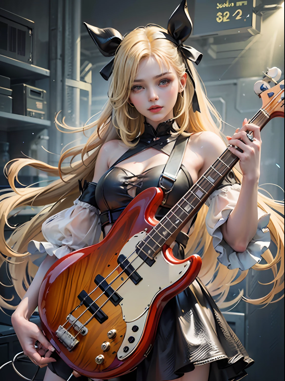 An 18-year-old woman,dyed blonde hair, Hair Ribbon、(Play the electric bass, 4 strings), Dark theme, Muted colors, High contrast, (Tuttos skin texture, Hyper-Realism, Soft light, sharp), Fluffy dresses、