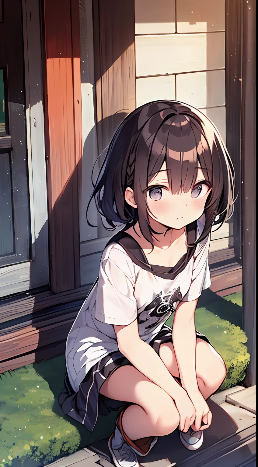 (top-quality、32K image quality、masterpiece、nffsw:1.2)、a cute 、Medium short hair、short braiding、beauitful face、(Slouched:1.3)、crouching down、(From above:1.2)、(a closeup:1.4)、small curvy loliou can see the chest))、Bust Up Perspective、Loose baggy T-shirt、(beautiful nipple slips:0.9)、outside of house、the wind、shinny skin、blurry backround