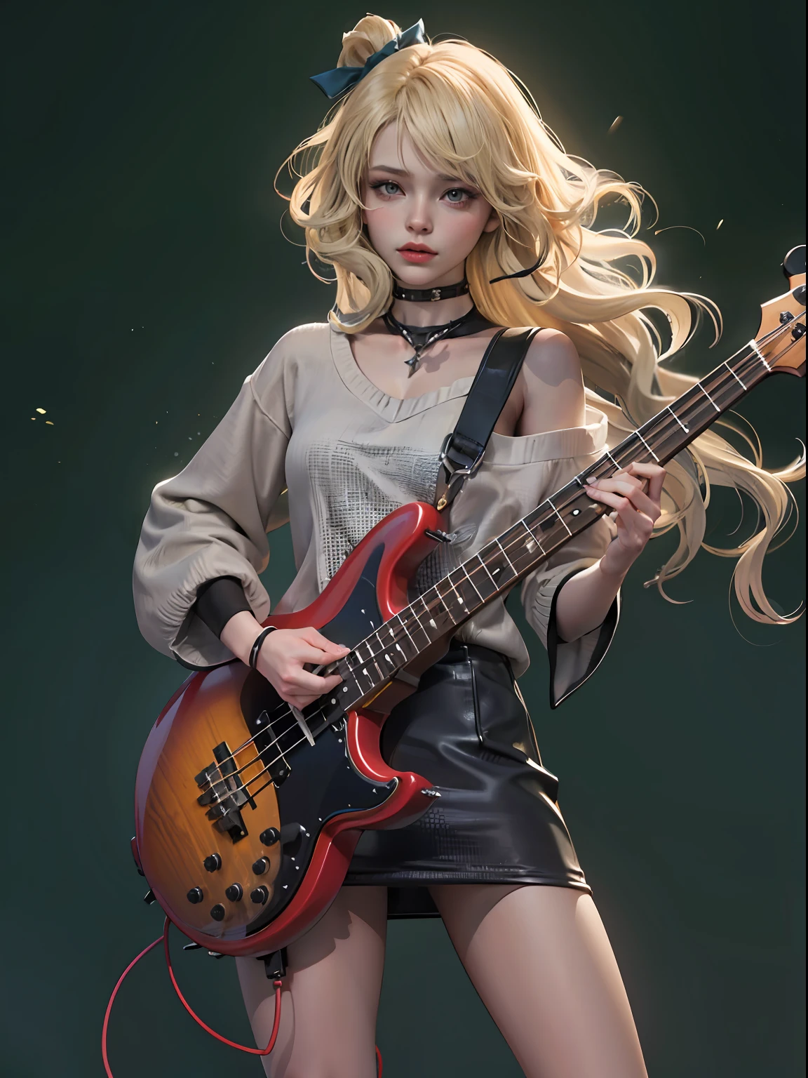 An 18-year-old woman,dyed blonde hair, Hair Ribbon、(Play the electric bass, 4 strings), Dark theme, Muted colors, High contrast, (Tuttos skin texture, Hyper-Realism, Soft light, sharp), Fluffy dresses、