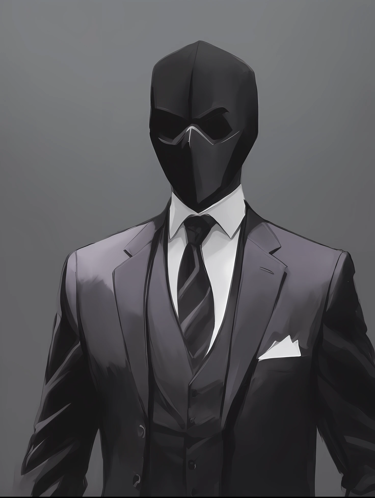 Painting of a man in suit and tie with a black mask, Personagem sombrio e sinistro, terno escuro, desenhado em um estilo neo - noir, homem magro, pessoa sem rosto escura, Homem de preto, magro, anthropomorphic silhouette, Scary black figure standing, por Chip Zdarsky, sozinho