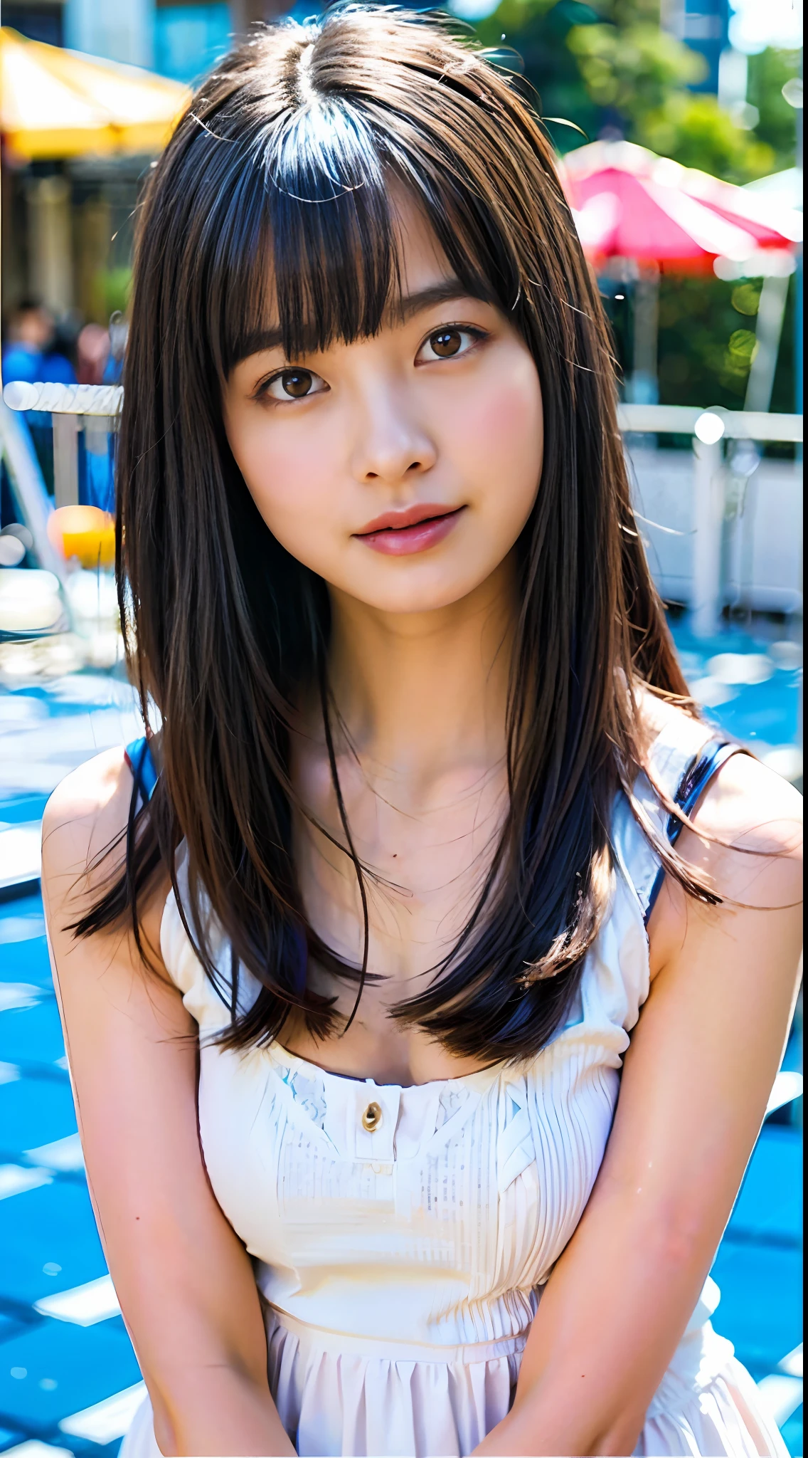 top-quality、masterpiece、超A high resolution、(Photorealsitic:1.4)、Raw photo、1 beautiful woman、A slender、Dark hair、glowy skin、Dramatic Writing、full body Esbian、maikurobikini、Sexy Shots、Cute、during daytime、with light glowing、in poolside、A smile、swim wears、Cute、Slender body、Super thin face、Medium size big,、A smile、Ultra-detailed face、ultradetailed eyes、hyperdetailed lips、ultra white shiny skin