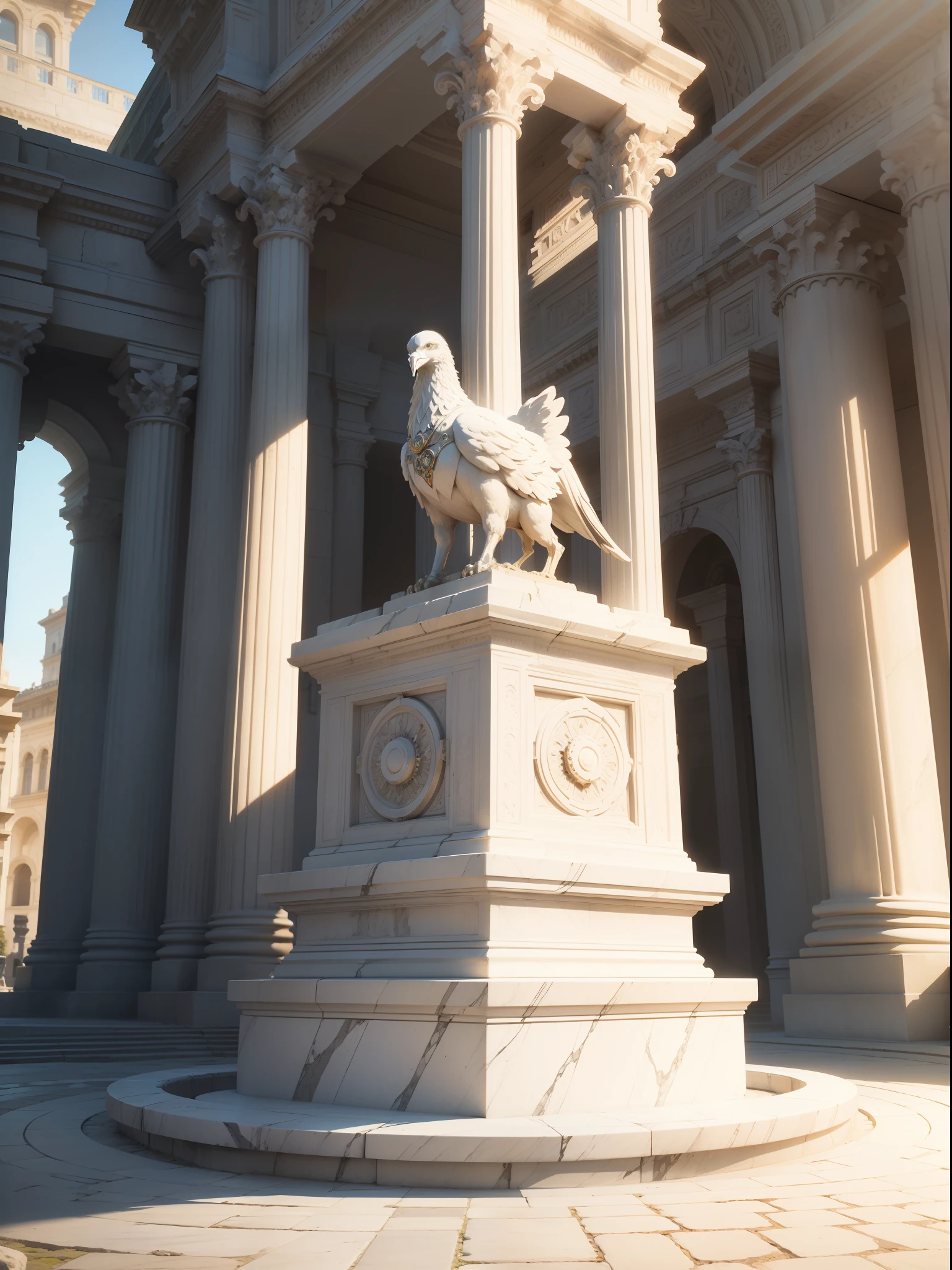 ((masterpiece)),((best quality)), 8k, high detailed, ultra-detailed,A white marble-made robot bust standing in the center of the Roman Square, 3D.
Robot bust,(white marble),(shiny surface),(blue glowing eyes),(mechanical gears),(intricate carvings),(stainless steel bolts),((Roman Square) in the background),(surrounded by ancient columns),(people wandering),(pigeons flying),(majestic fountain),(sunlight casting shadows),(cobblestone pavement).