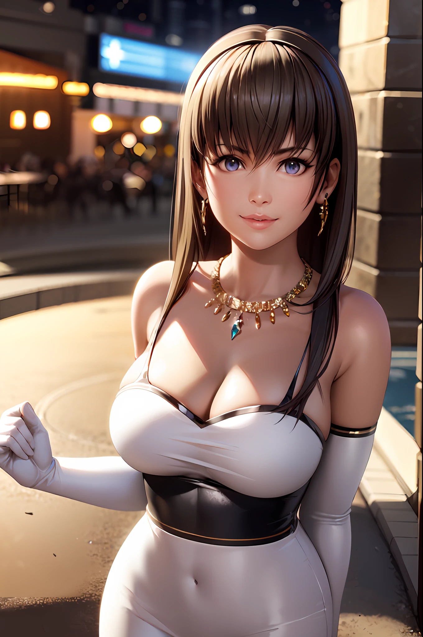 hitomi, ultra realistic 8k cg, flawless, masterpiece, solo, 1girl, casino, rich, night dress, waist cutout, necklace, earring, golden, face focus, gleaming skin, elbow gloves, cleavage, shiny dress