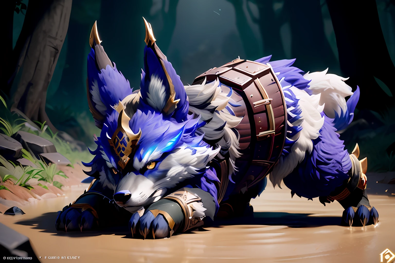 Blue eyes and horns lying in the mud of Alafis, fox nobushi, kitsune inspired armor, Keqing from Genshin Impact, zhongli from genshin impact, fenrir, 3 d render official art, SFW version, trending on polycount, dark fox mage, Official Splash Art, Dramatic cinematic details fur, Rendered in redshift