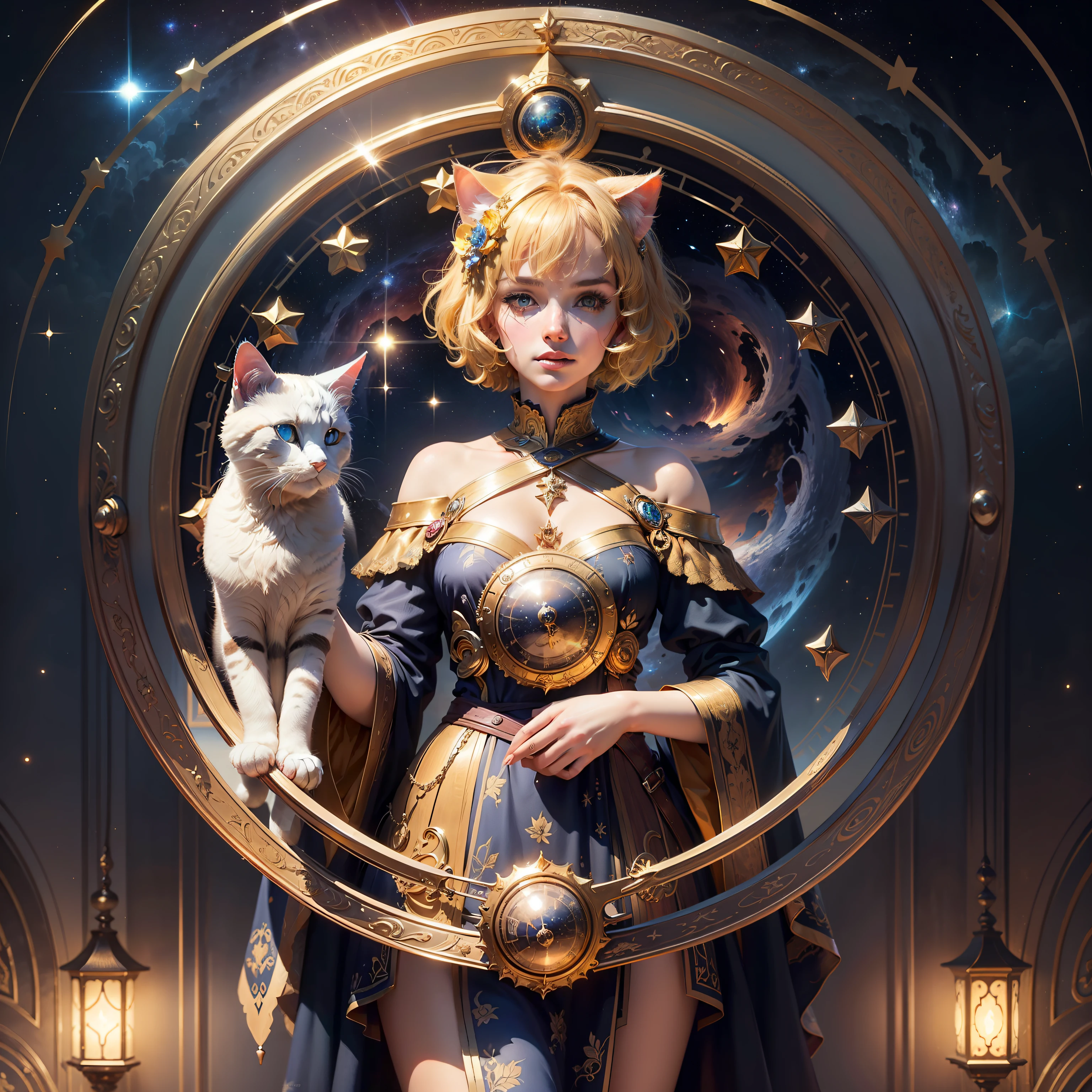 Realistic, (Masterpiece, Top Quality, Best Quality, Official Art, Beautiful and Aesthetic: 1.2), Very Detailed, Fractal Art, Colorful, Most Detailed, Leo, (Abstract Background: 1.5) (1girl: 1.3), (Cat class), yellow hair, bright eyes, earnest, combed back, short hair, , milky way, huge magical gold Leo astrolabe,dream,fantasy, gold trim,beautiful detailed sky,Style and Decoration for Leo, leo goddess,(nsfw:0.8)
delicate refective and high glass guardrail board
