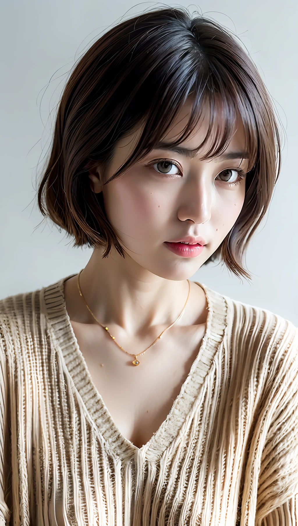(Best quality, 8k, 32k, Masterpiece, UHD:1.2),Photo of Pretty Japanese woman, large breasts, very short bob hair,upper body,face focus,oversized_sweater, necklace, simple background, from above, looking at viewer,