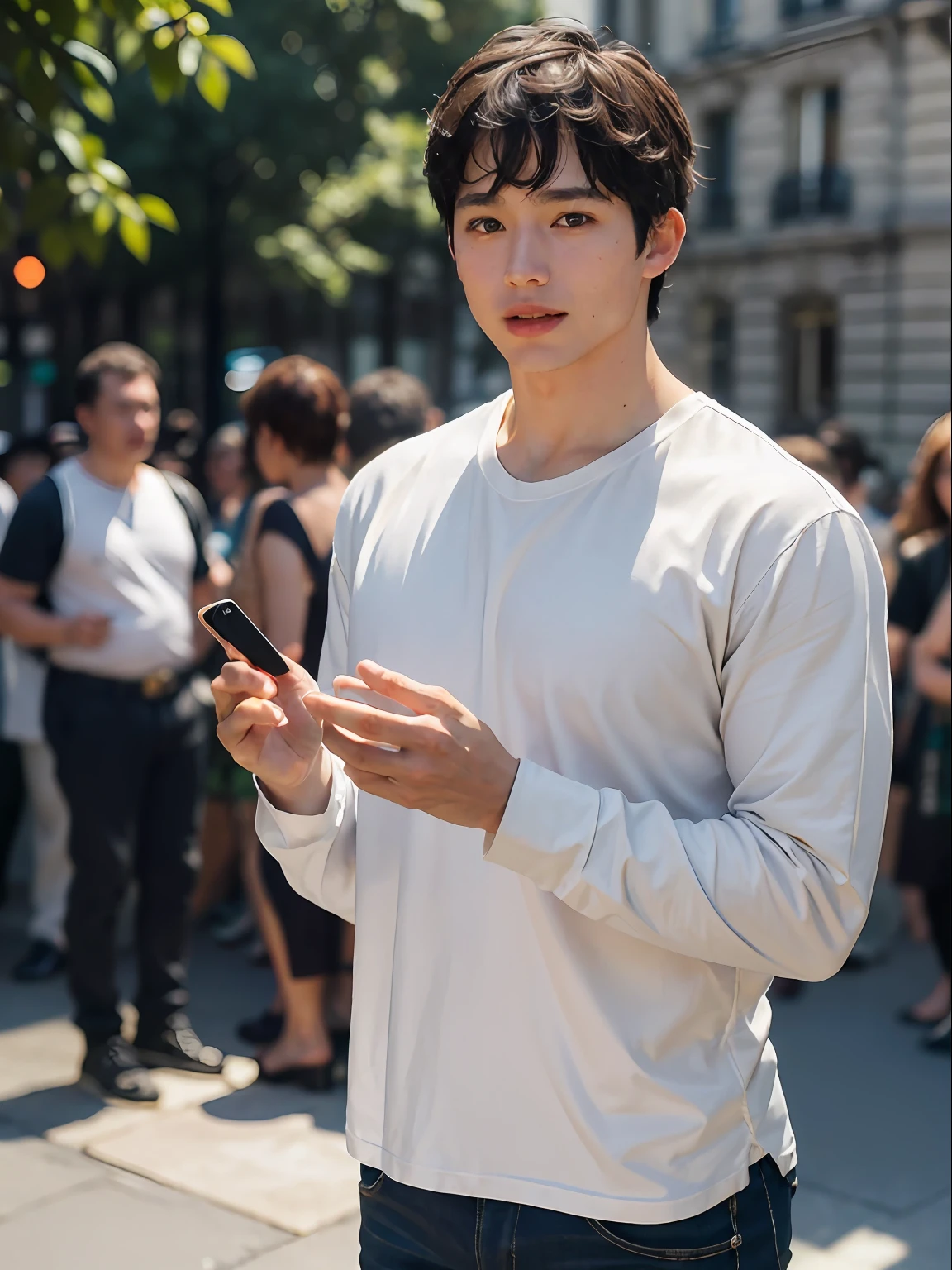Boy, Happy, Perfect Quality, Clear Focus (Untidy - Home: 0.8), (Masterpiece: 1.2) (Realistic: 1.2) (Bokeh) (Top Quality) (Detail Skin: 1.3) (Intricate Details) (8K) (Detail Eye) (Sharp Focus), (Happy) Full Body, Clean Background, Long Field Composition, 85MM Shot, Muscles, Masculine,1boy, Paris streets,shirts