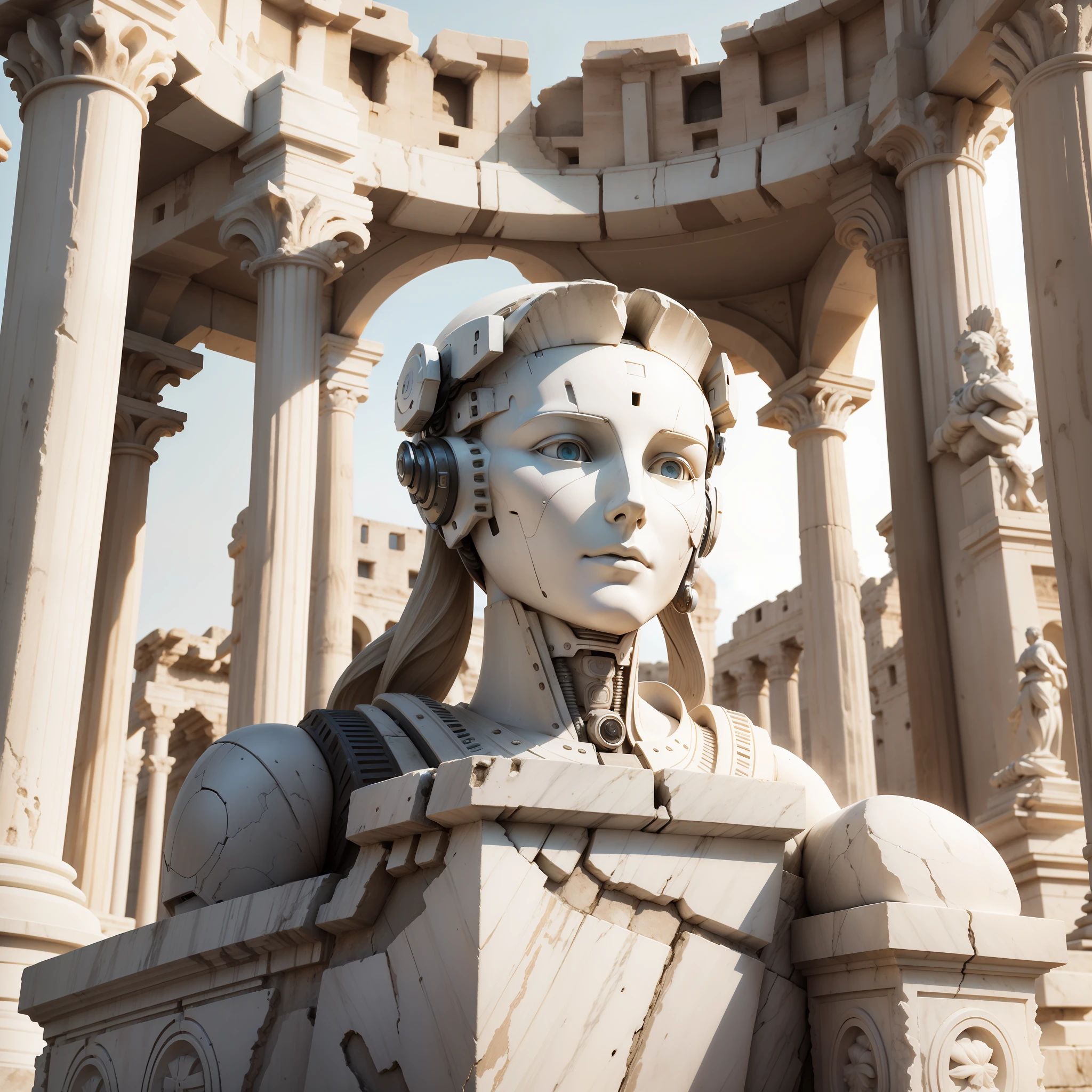 A bust of a robot made of white marble,The background is the center of the Roman Forum,3D