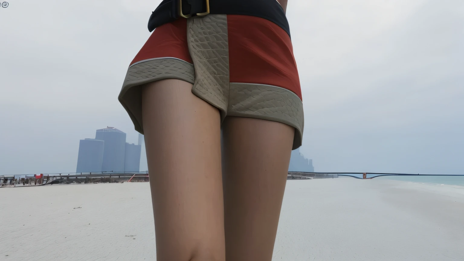 There is a woman standing on a beach with a kite, Coxas fechadas, detailed legs looming over you, tiro detalhado pernas-up, close-up nas pernas, legs visible, Tiro Giantess altamente detalhado, pele de detalhes extremos, detailed legs towering over you, pernas detalhadas, minissaia, quadris acentuados, coxas grandes, close up tiro de meio corpo