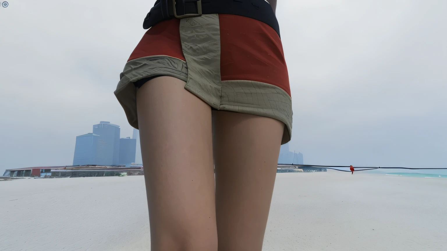 There is a woman standing on a beach with a kite, Coxas fechadas, detailed legs looming over you, tiro detalhado pernas-up, close-up nas pernas, legs visible, Tiro Giantess altamente detalhado, pele de detalhes extremos, detailed legs towering over you, pernas detalhadas, minissaia, quadris acentuados, coxas grandes, close up tiro de meio corpo