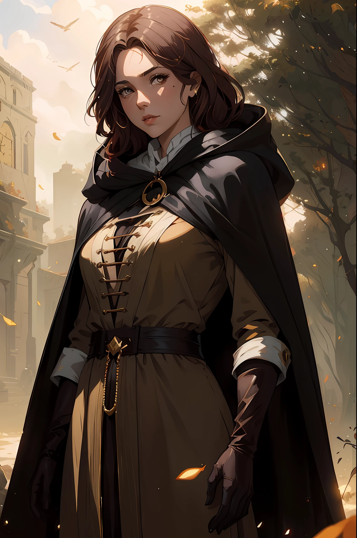 um close up de uma mulher com um vestido marrom e uma capa preta, Retrato de um mago feminino, fantasy genre portrait, vestido com capa, Retrato de um Mago, pintura de personagem bonita, arte do personagem charlie bowater, Graphic artist Magali Villeneuve, Artgerm e Atey Ghailan, retrato do livro do RPG, Magali Villeneuve»
