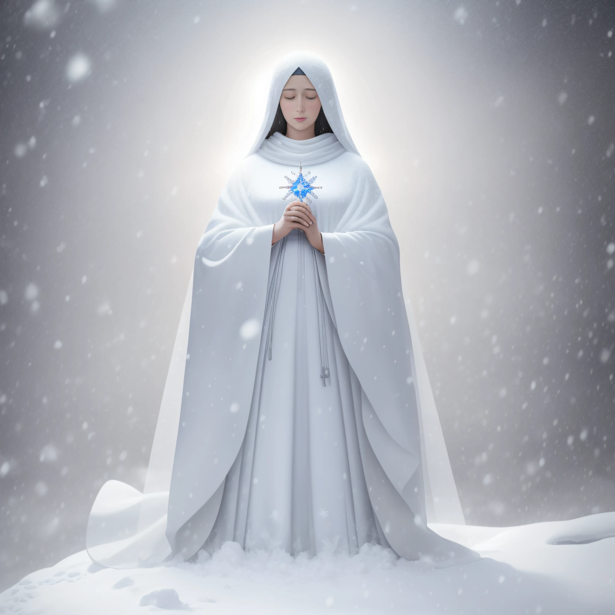 Virgin Mary Mother of Jesus with full body(((sozinha na imagem))) with a beautiful white cloak and a white veil with an ice crystal shaped halo shining behind his head arms raised down against a backdrop of snow with ice flakes falling to the ground a lot of snow