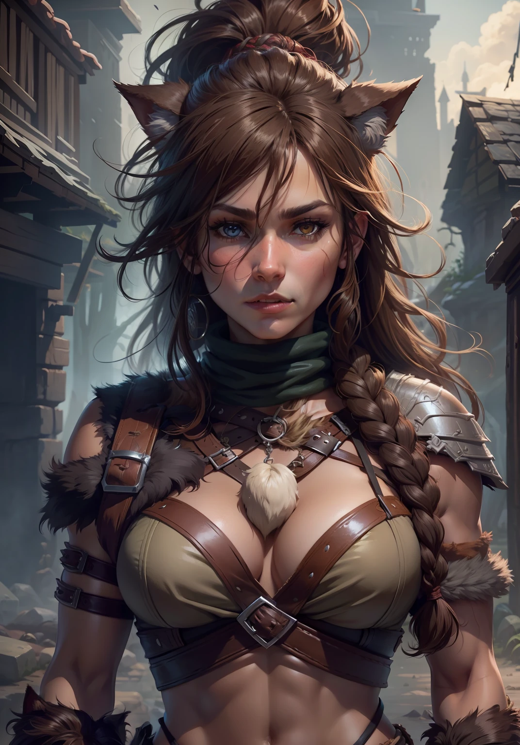 DND character, barbarian, human, women, brown hair long and messy, strong. With a wolf pet