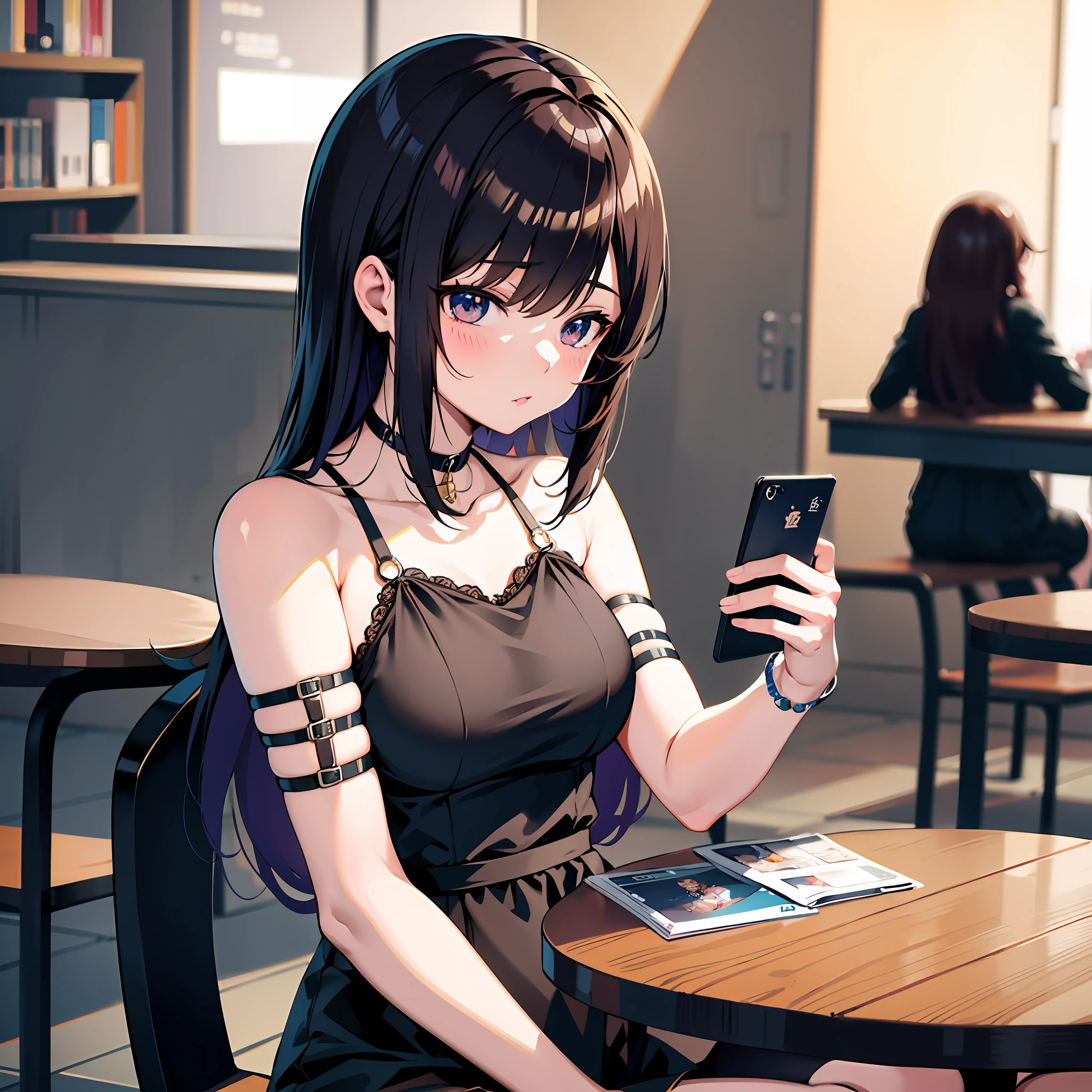 Anime girl sitting at a table with a cell phone in her hand, anime atraente, anime moe artstyle, garota misteriosa da cafeteria, de meninainha de frente, estilo anime 4K, menina animeora, Arte no estilo de Guweiz, badass anime 8 k, Melhor Anime 4K Konachan Wallpaper, detalhes finos. meninas da linha dte, meninas estilo linha de