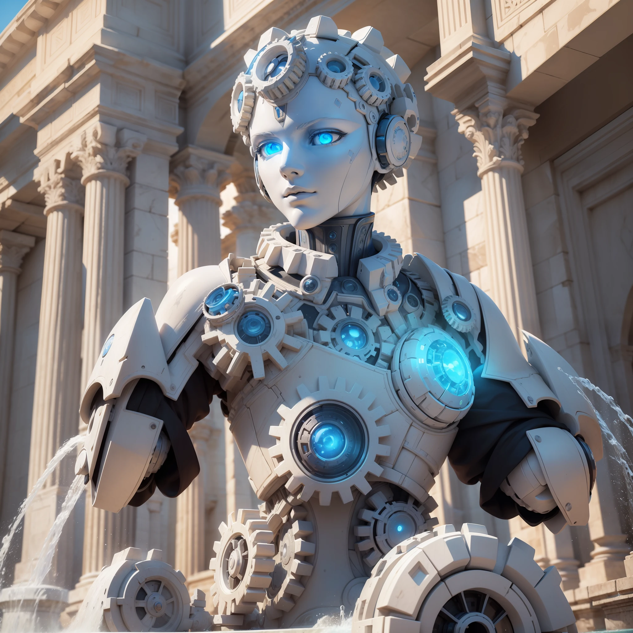 ((masterpiece)),((best quality)), 8k, high detailed, ultra-detailed, A white marble robot bust in the center of the Roman Square, 3D, robot,((white marble),(mechanical gears),(glowing blue eyes)),((Roman architecture),(fountains),(crowd)),sunlight