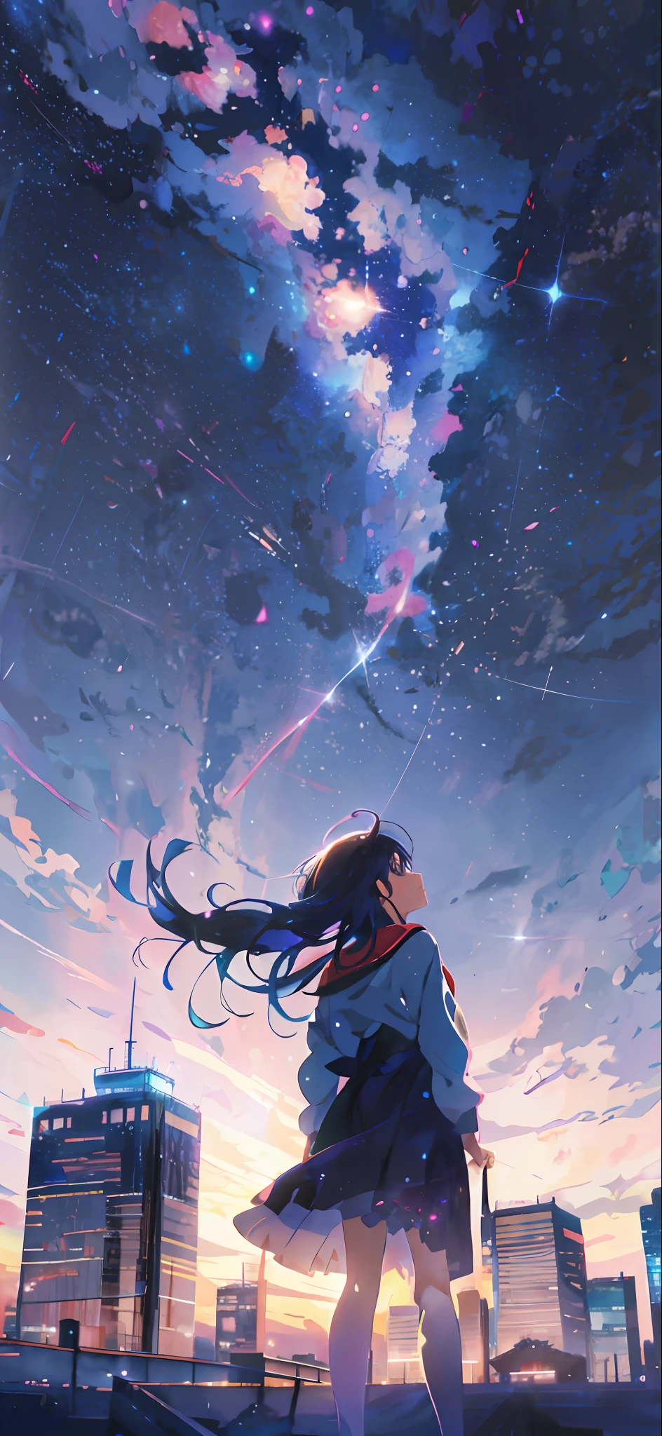 Anime girl looking up at the stars in the sky, Cosmos Sky. By Makoto Shinkai, anime girl with cosmic hair, Anime art wallpaper 4 K, Anime art wallpaper 4k, Anime art wallpaper 8 K, Makoto Shinkai Cyril Rolando, 4K anime wallpaper, anime backgrounds, Anime wallpaper 4K, Anime wallpaper 4 k, Beautiful anime artwork