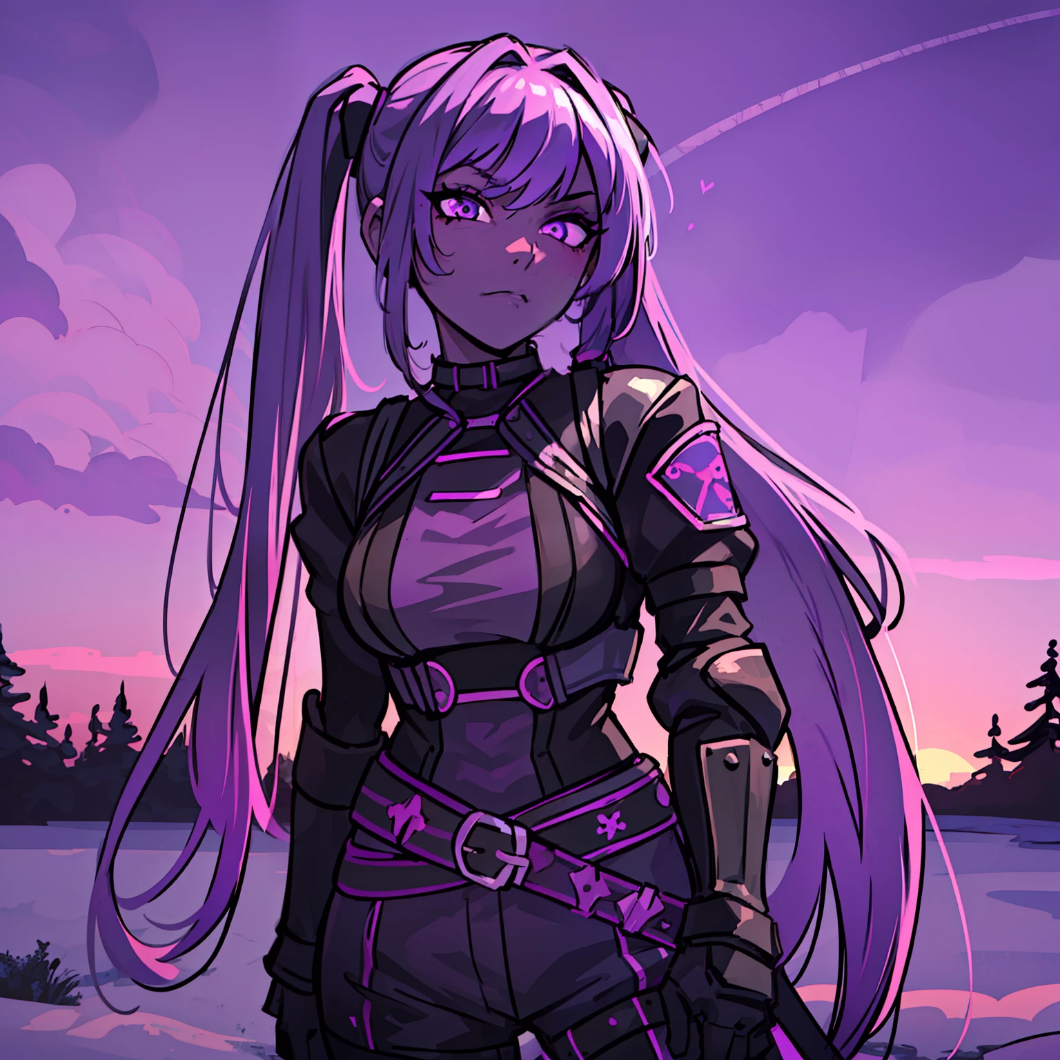 ((masterpiece, best quality)), (1girl), (solo), (female focus), (purple skin), ((gradient hair), (pigtails), (black to purple)), purple eyes, glowing eyes, ((leather clothing, black), (black armour)), lilac skin color, colored skin, [furious:sad:0.8], serious, extremely detailed, cute, intricate, outdoors, white background, arms behind back, dynamic angle, Ink painting standing