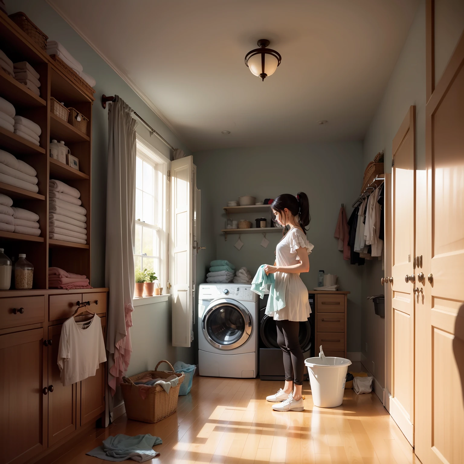 The style is that of a fairy tale illustration,I clean up in the morning and do laundry,fold clothes
