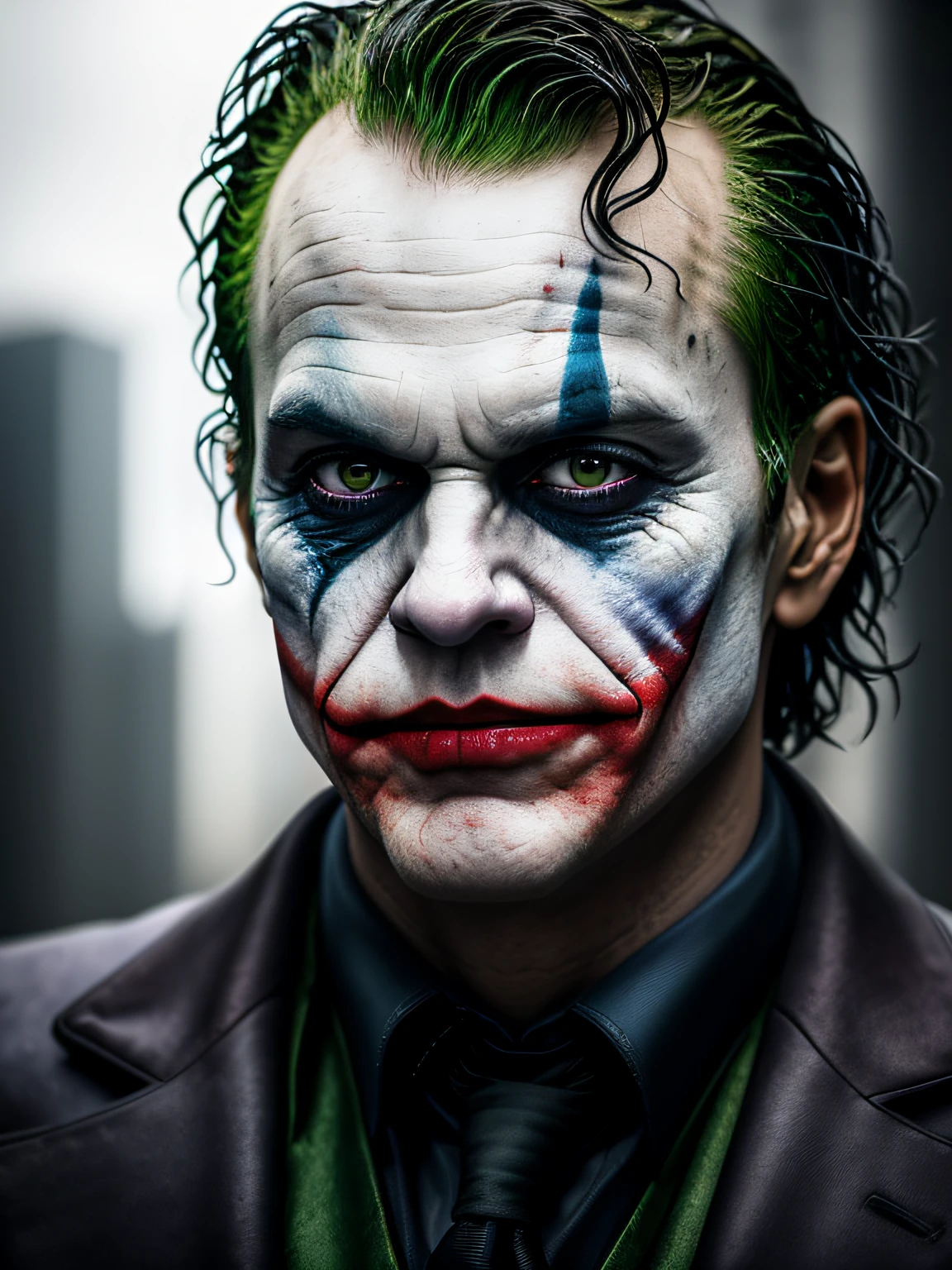 dark and gloomy, hyper realism, 8k, a close up photo of the joker , perfect eyes, lifelike texture, dynamic composition, Fujifilm XT2, 85mm F1.2, 1/80 shutter speed, (bokeh), high contrast, gotham city background