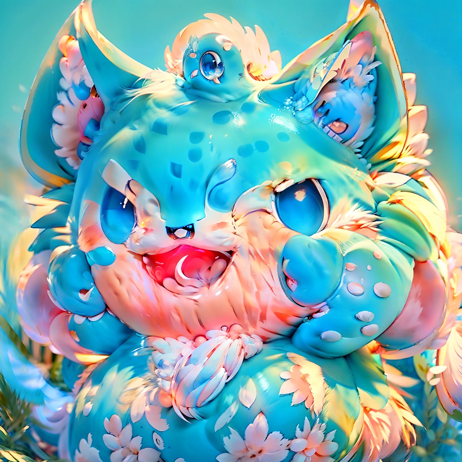 Cute beast with round face，Fleshy claws，Fleshy foot claws，Big blue eyes，The face has a light blue-white pattern，furry tail，Naughty personality