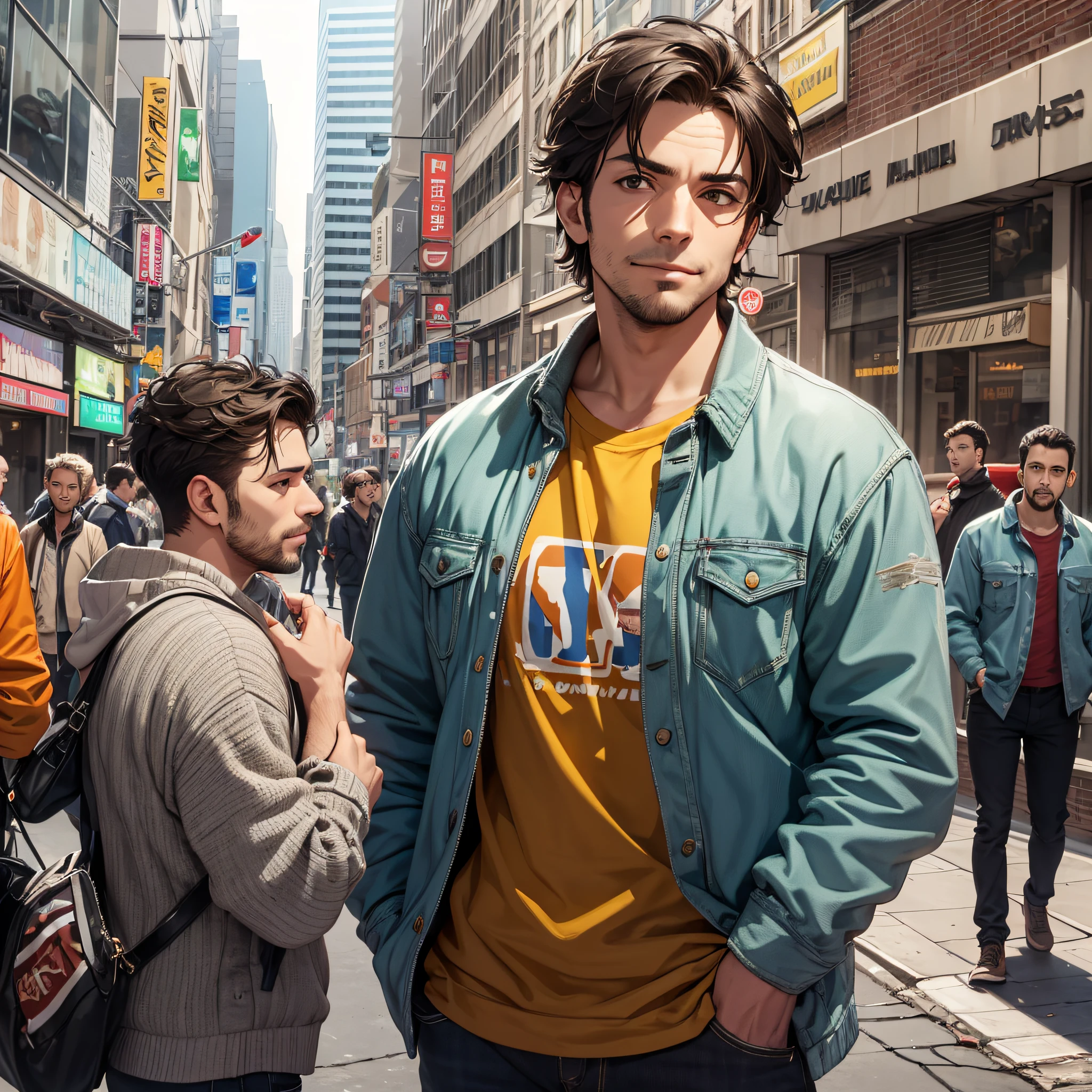 A group of American men,A smug look,Look at the big TV screen by the street,A mocking expression