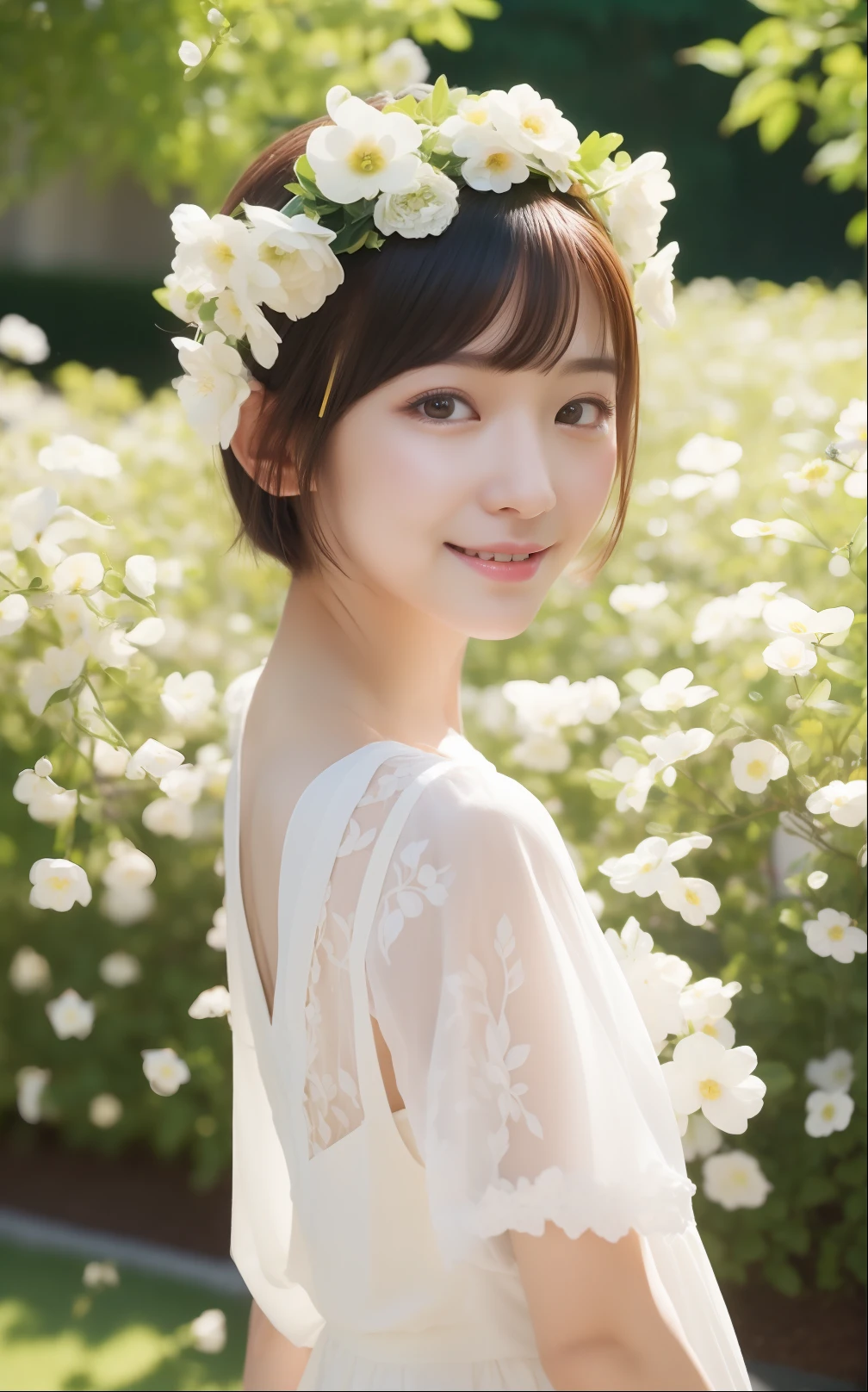 (top-quality、in 8K、32K、​masterpiece)、Cute Japan woman in short cut wearing flower crown in spring flower garden、beauitful face、outside of house、the wind、shinny skin、blurry backround
