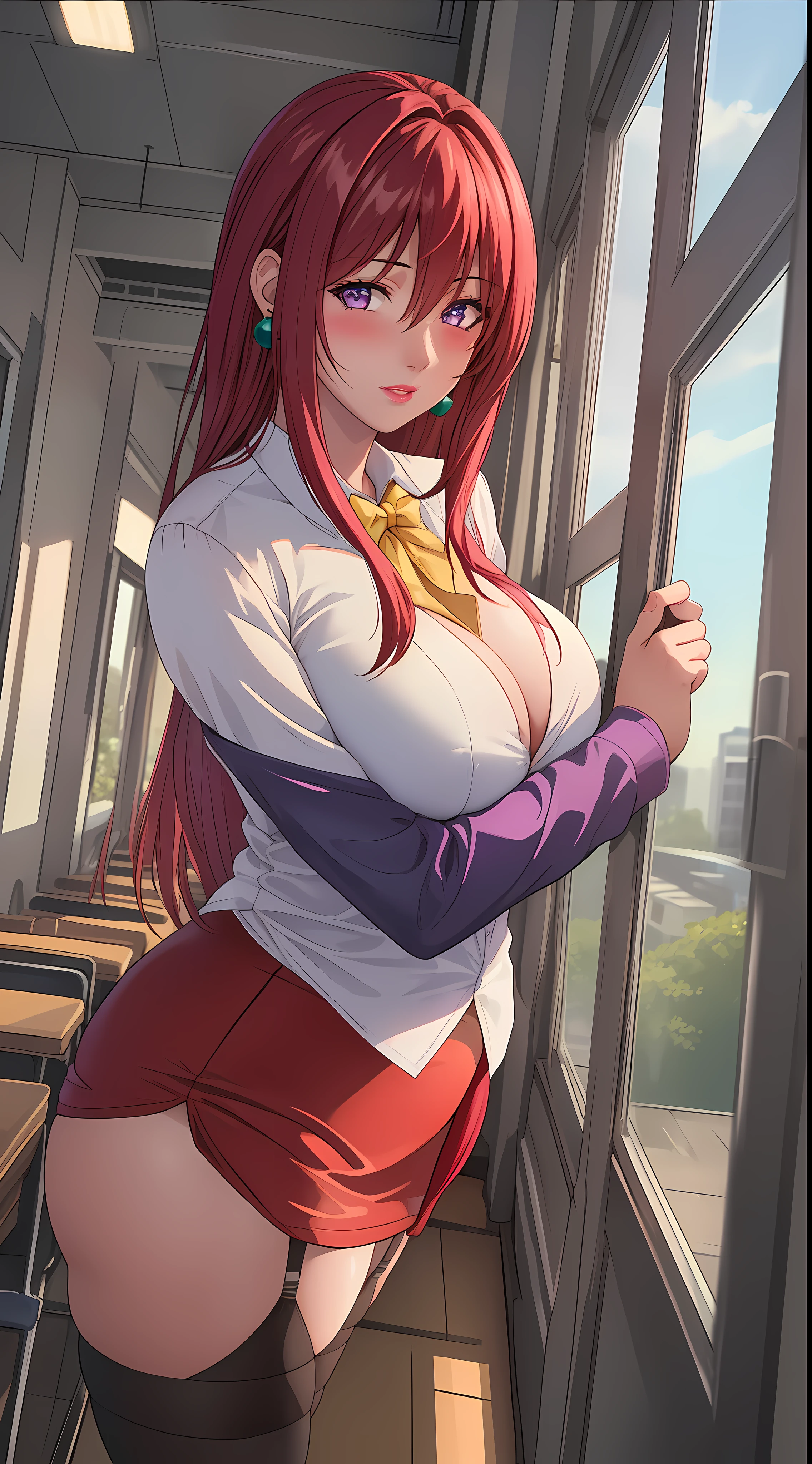 (Masterpiece, Best Quality, High Quality:1.4), professional artwork, Intricate Details, field of view, sharp focus, detailed painting, cinematic lighting, trending on pixiv, (vivid lighting, vibrant colors, by by Nagasawa Rosetsu:1.05), Hiroko Takashiro, (mature female, milf:1.2), (40yo:1.1), (curvy:1.15), hands on waist, classroom, window, (cowboy shot:1.1), closeup, looking at viewer, (red hair:1.05), long hair, lipstick, makeup, ultra detail hair, ultra detail face, (purple eyes:1.05), perfect eyes, perfect face, earrings, (flirting, blush:1.2), (white shirt, purple jacket:1.1), (black thighhighs, garter belt:1.1), (zettai ryouiki:0.8), pencil skirt, school uniform, (Large Breasts:1.05), (Cleavage:0.9), big ass, thighs, ultra detailed eyes, ultra detailed lips, hugs, kissing, french kiss, Kitami Reika, 2girl kissing