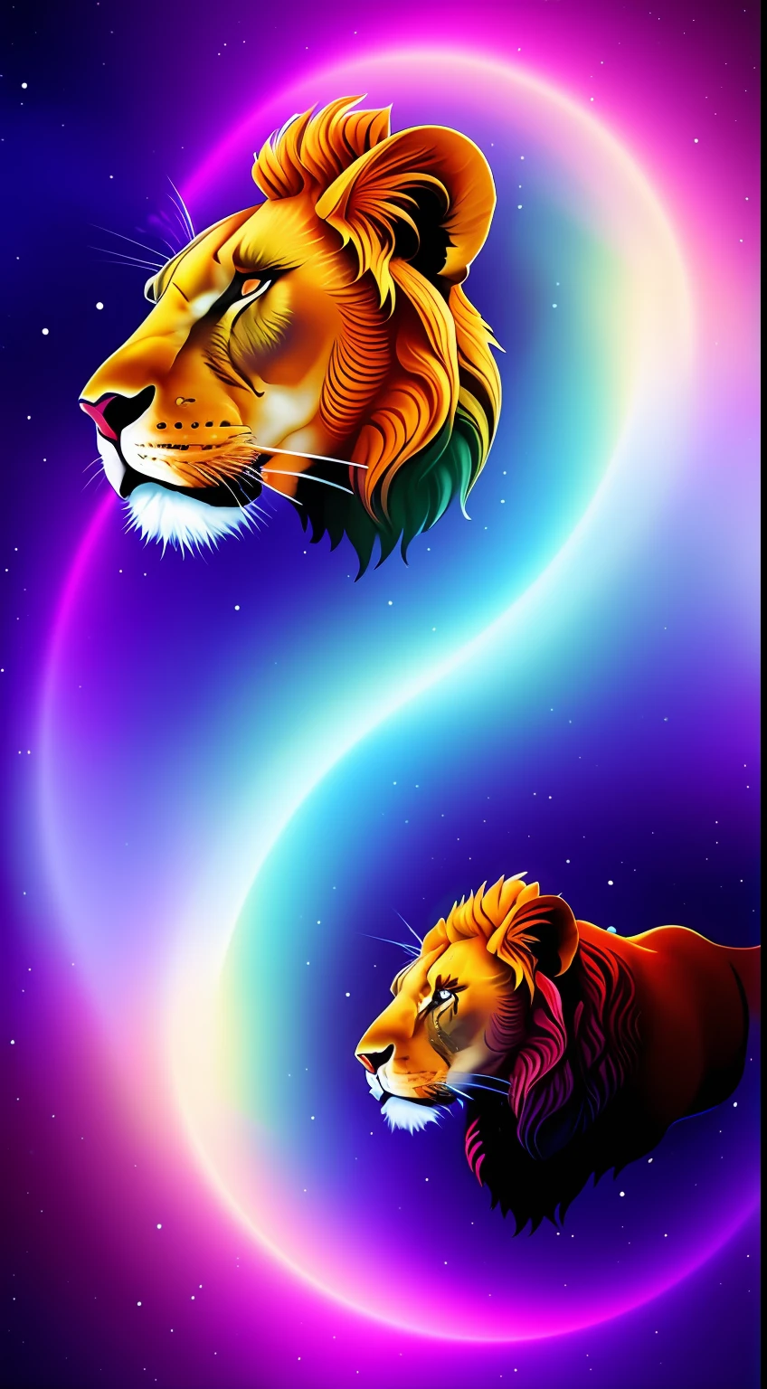 absurd, ultra detailed, Create an image using a prism effect, with light refraction and creating a colorful and kaleidoscopic appearance. Create an image with fisheye lens effect, capturing a wide field of view with a distinct, curved perspective. BREAK , Capture of an imposing lion style Greek sculpture, with a beautiful nebula in the colors baby blue and purple, conveying a sense of tranquility and natural beauty. BREAK , Illustrate a monochromatic world, convey depth, emotion and a stunning visual impact.