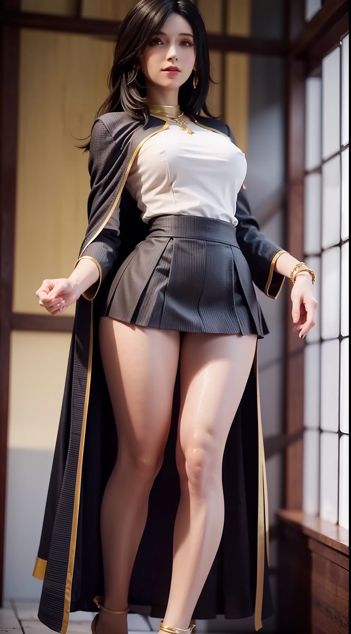 Masterpiece, Best Quality, (Realistic, Photo Realistic: 1.37), 8K, An Extremely Delicate and Beautiful, Amazing, Fine Detail, Official Art, Absurd, Incredibly Absurd, Huge File Size, Ultra Detailed, Extremely Detailed, Beautiful Meticulous Girl, 1 Girl, (Perfect Female Figure), Full Body, Short Skirt, Long Legs,