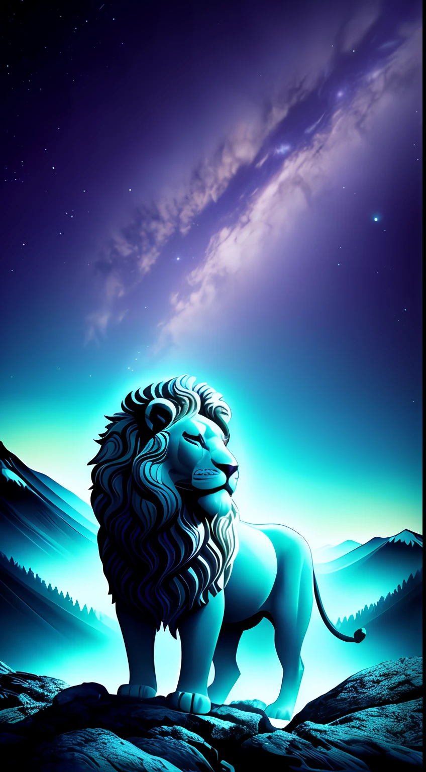 absurd, ultra detailed, Create an image using a prism effect, with light refraction and creating a colorful and kaleidoscopic appearance. Create an image with fisheye lens effect, capturing a wide field of view with a distinct, curved perspective. BREAK , Capture of an imposing lion style Greek sculpture, with a beautiful nebula in the colors baby blue and purple, conveying a sense of tranquility and natural beauty. BREAK , Illustrate a monochromatic world, convey depth, emotion and a stunning visual impact.
