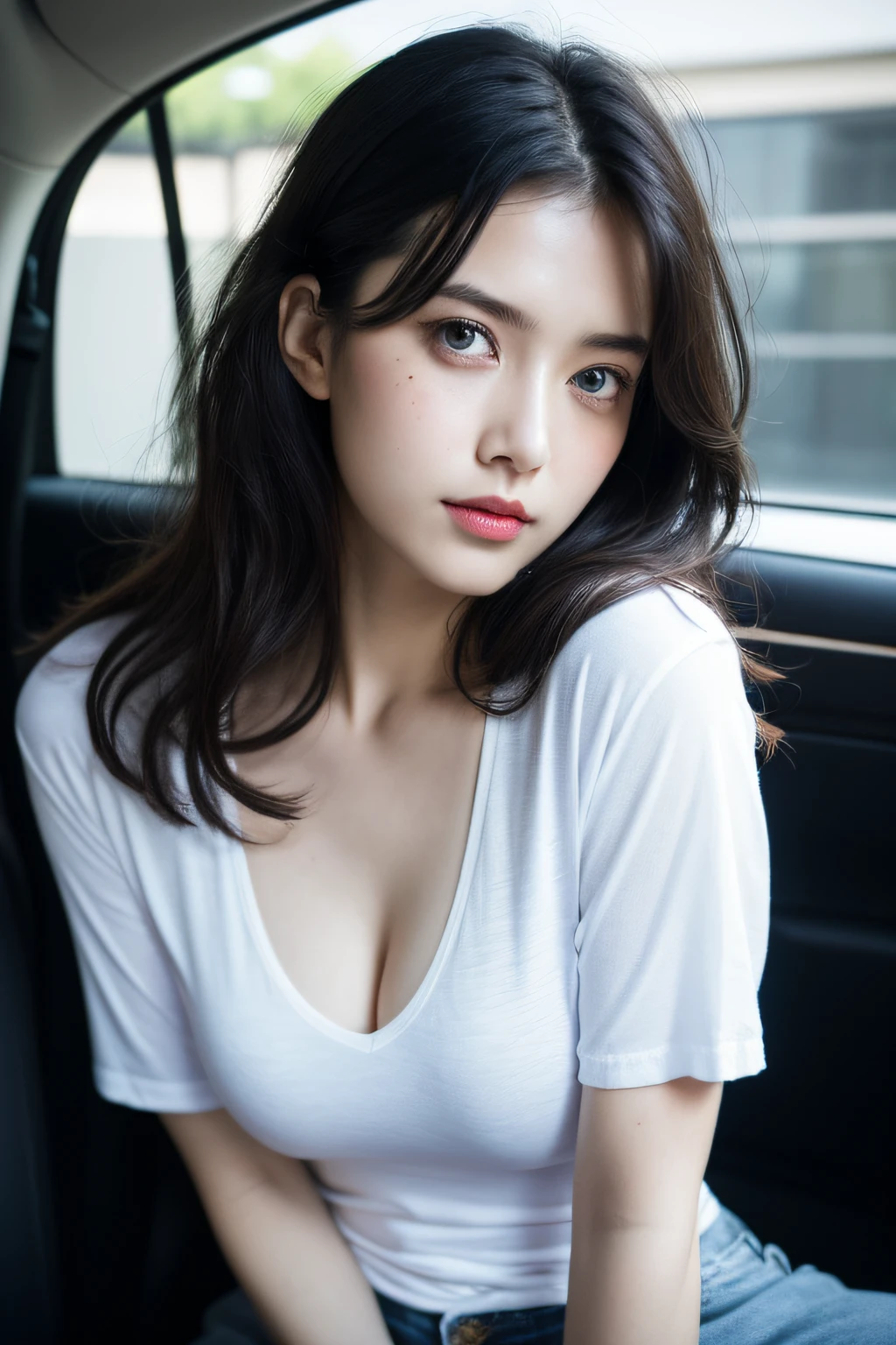 Photorealistic, high resolution, [[[ 1 girl only ]]] Black wavy hair, Korean, eBlue eyes, small moles under eyes, tight white t shirt,denim short, upper legs,Bigboobs, cleavage,sitting on car front seat, Pose at random,8K,Highly detailed, high resolution,looking towards camera ( 1 Single girl)