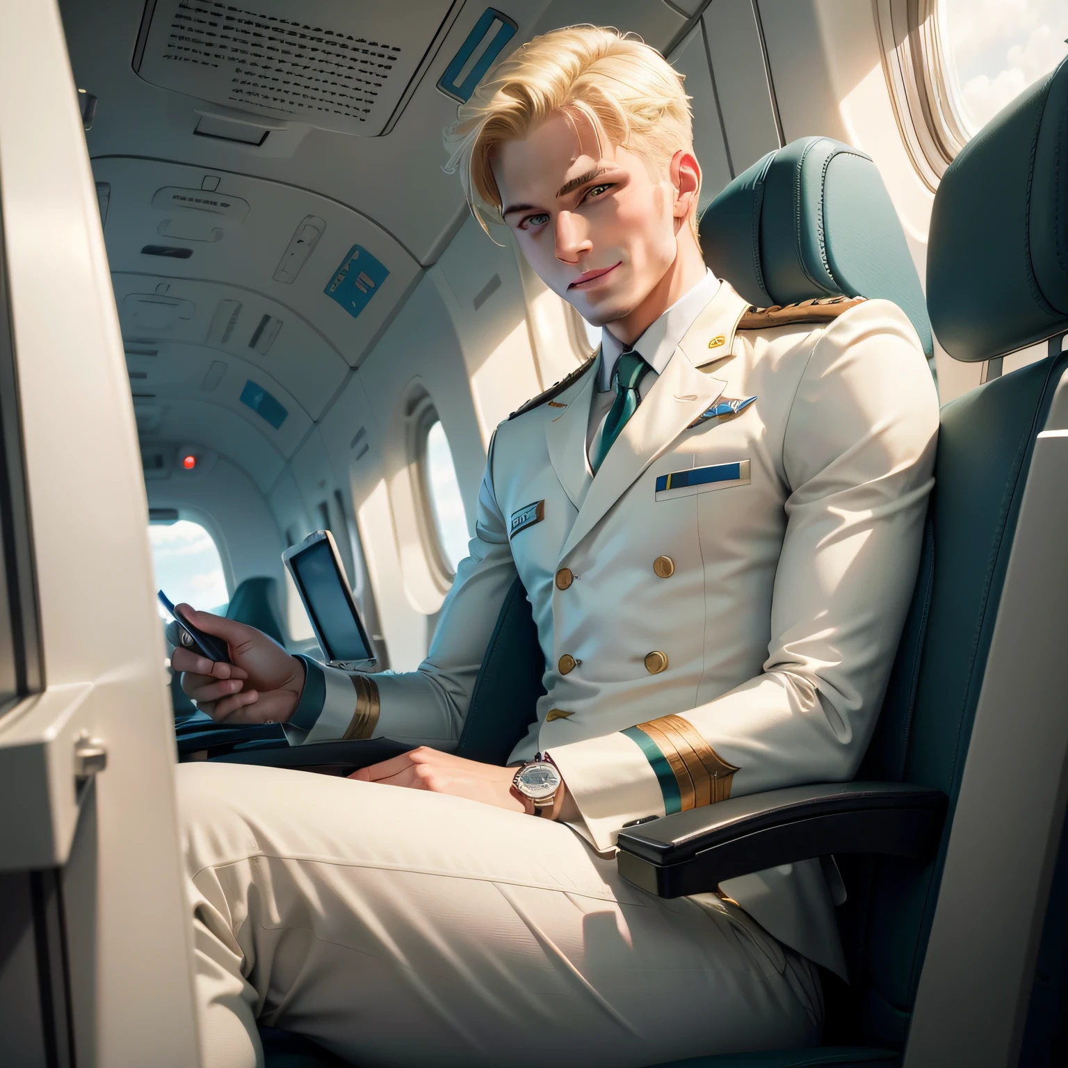 blond man in white captain uniform on a Boeing 787 looking at the camera, 26 year old man on a airplane, attractive man, smiling, attractive male, in flight deck,short blonde hair, high res, blonde man, handsome male, green-eyed man