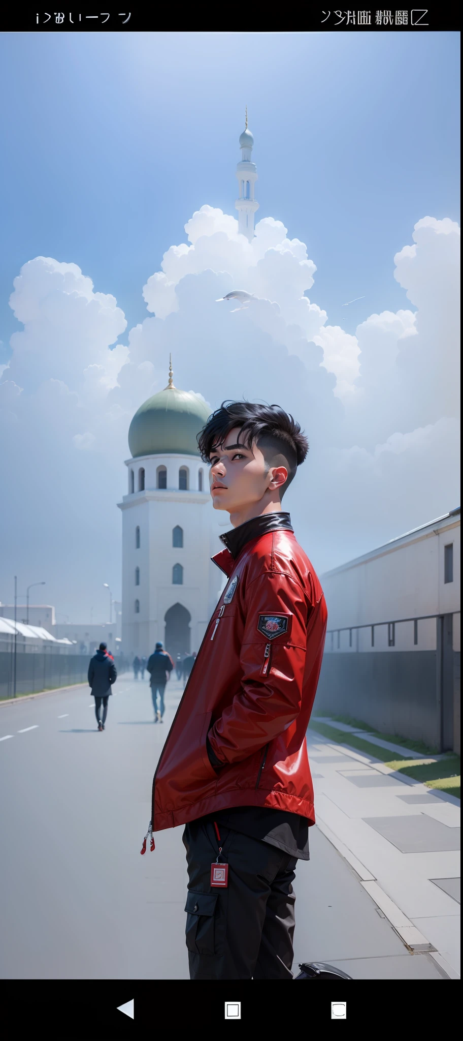 masterpiece, best quality, high resolution, fine detail, amazing and beautiful detail, different_images, 1 man, red jacket, from below, black hair, black eyes, outer space, mosque, dolphin black pants,
