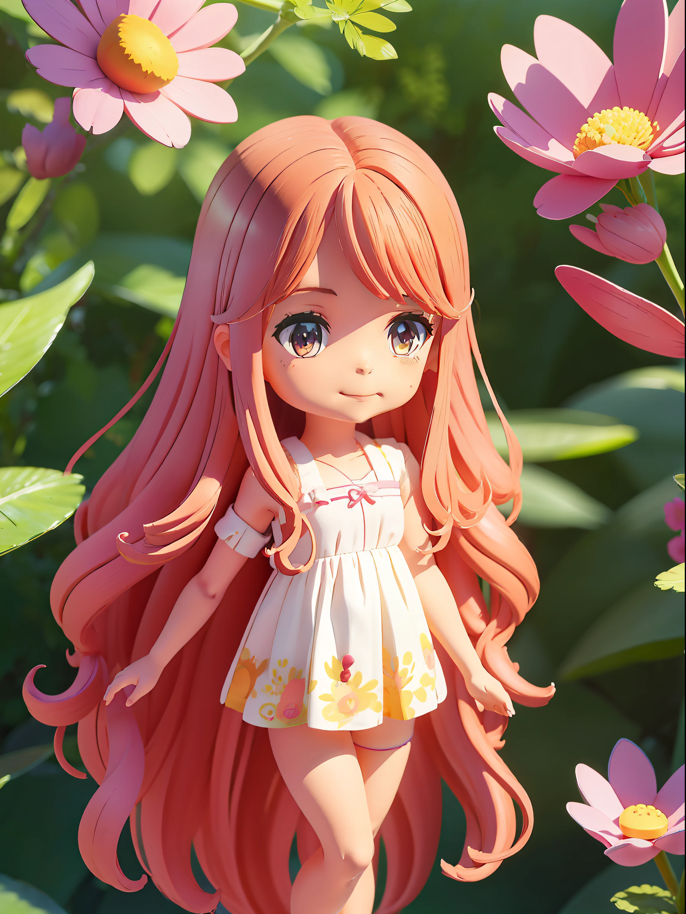 masterpiece、top-quality、absurderes、Anatomically correct body and limbs、nendoroid、figurine、1girl in、Clean and well-groomed face、Precise eyes、kindly smile、Hair gradient from red to pink、beautifully long hair、Large, wavy hair、Cheerful sunny day、A space created in the forest、Summer Breeze、White summer dress、Floral pattern at hem、