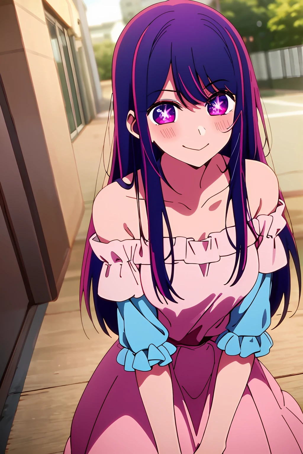 ​masterpiece、ighly detailed、(1 girl in:1.2)、purple color  hair、pink  dress、big eye、a closeup、a smile、8K 、Ai Hoshino、Live performance venue