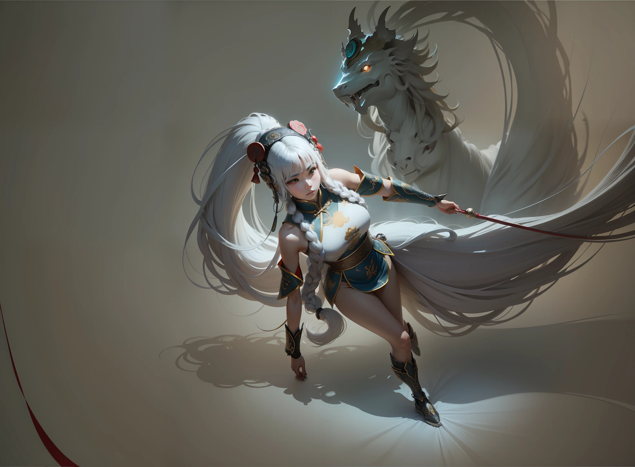 National style,long whitr hair,woman,Twelve days will,Daoism,Chinese armor,head gear,mythological beasts,Transcendent sanctification,the detail,Taoist robes,sci-fy
