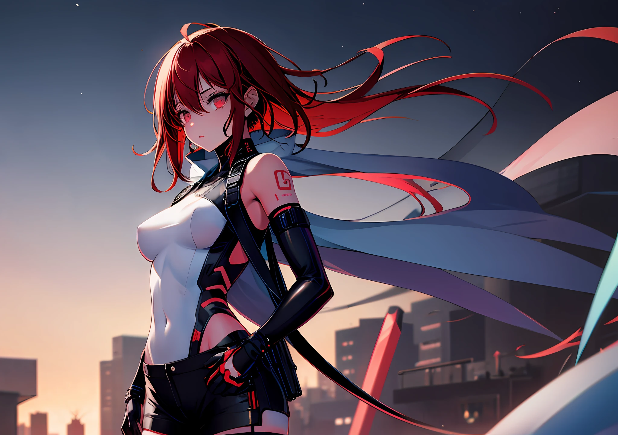 Lucy \(cyberpunk\), 1girl, Parte superior del cuerpo, Brazo en alto, asymmetric hair, beltt, ????????, boca cubierta, Ombligo cubierto, Mangas separadas, ojos grises, viento de cadera, tenencia, Sosteniendo un arma, Mirando al espectador, Noche, cielo nocturno, bolsa, pelo corto, Cielo, solamente, arma,cana, alambre, pantalones cortos, shorts, Chaqueta abierta ,(delineador de ojos rojo:1.2), (labios rojos:0.8)