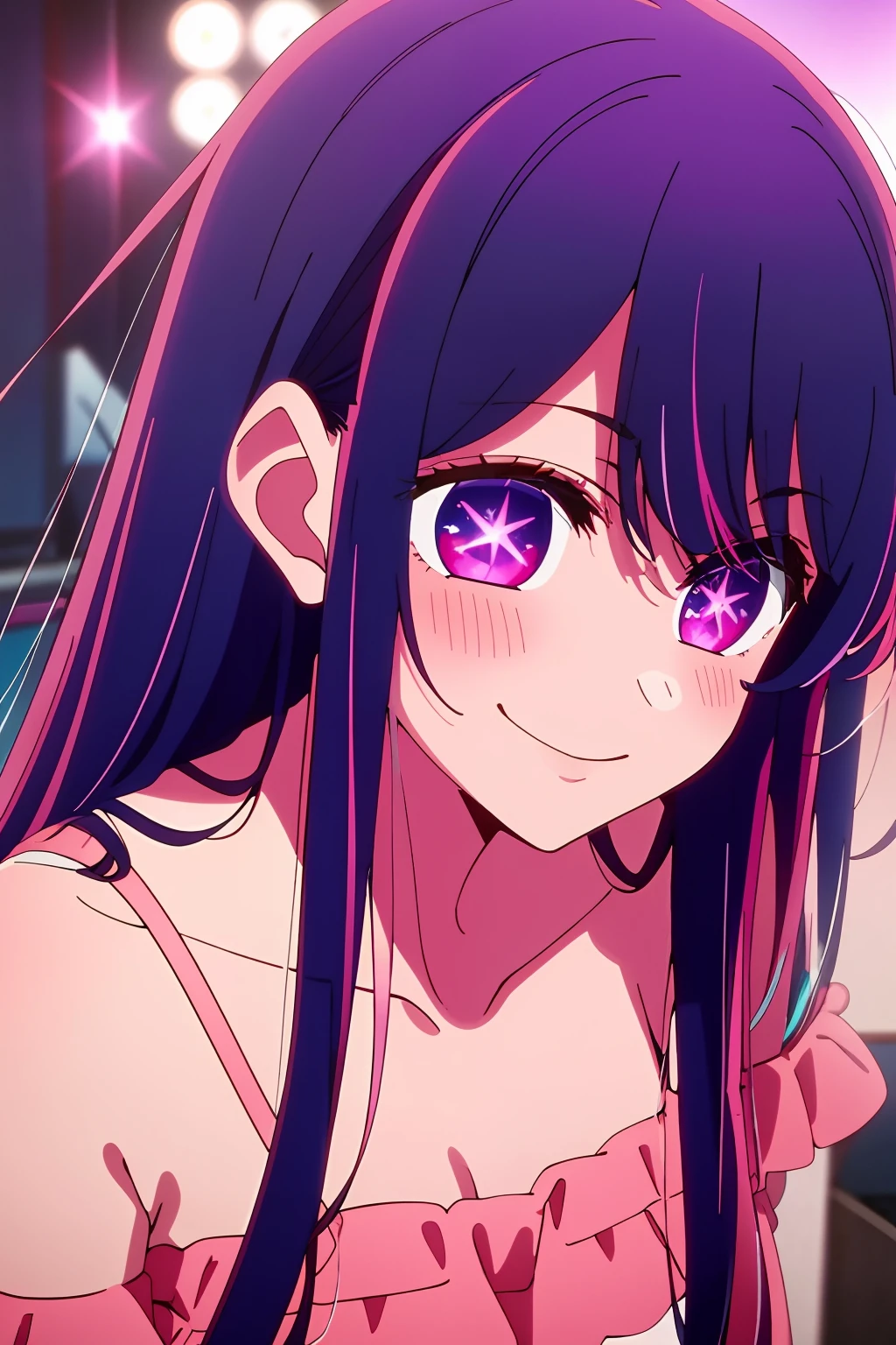 masterpiece、ighly detailed、(1 girl in:1.2)、purple color hair、pink dress、big eye、a closeup、a smile、8K 、Ai Hoshino、Live performance venue