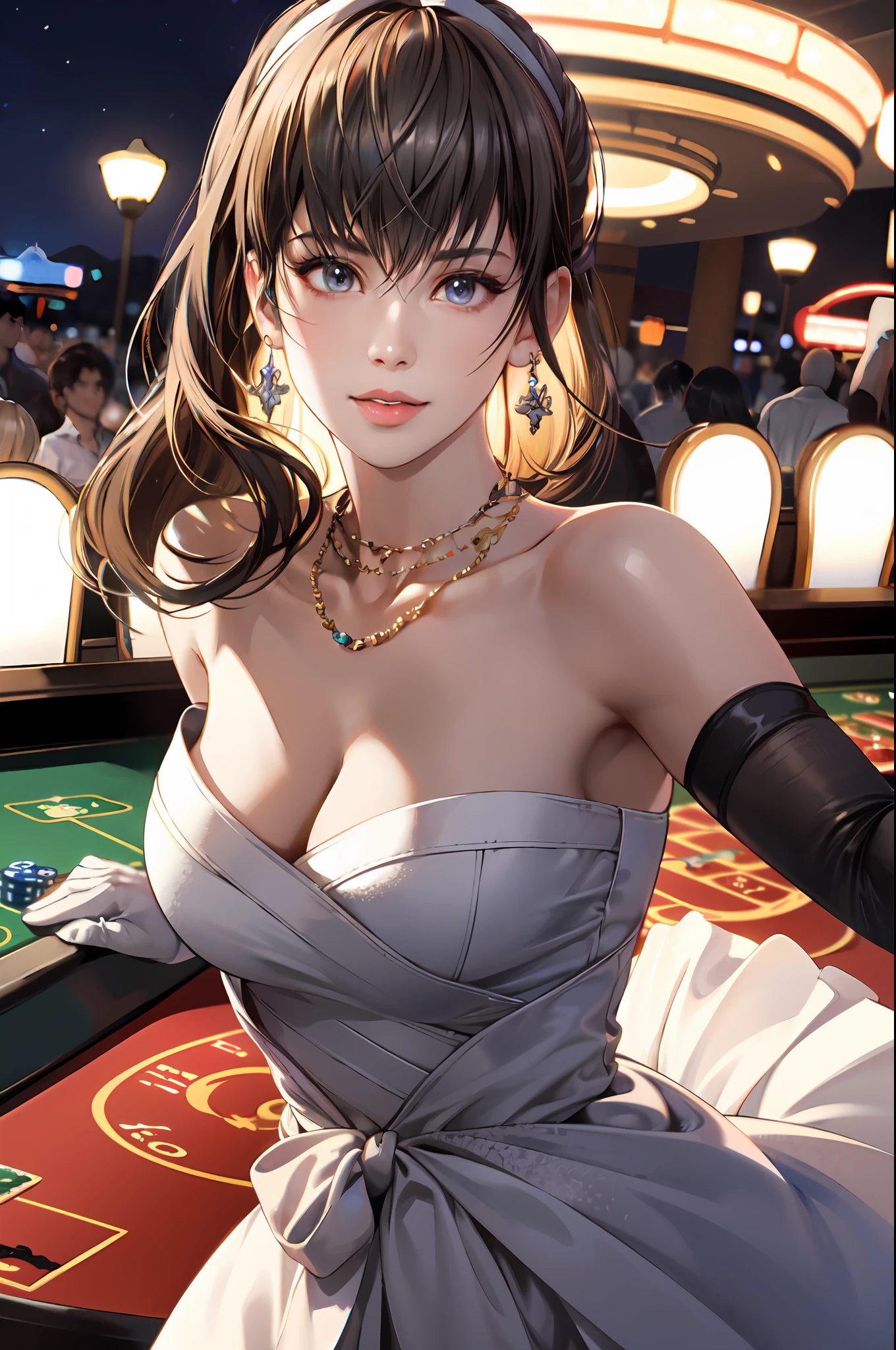 hitomi, ultra realistic 8k cg, flawless, masterpiece, solo, 1girl, casino, rich, night dress, waist cutout, necklace, earring, golden, face focus, gleaming skin, elbow gloves, cleavage, shiny dress