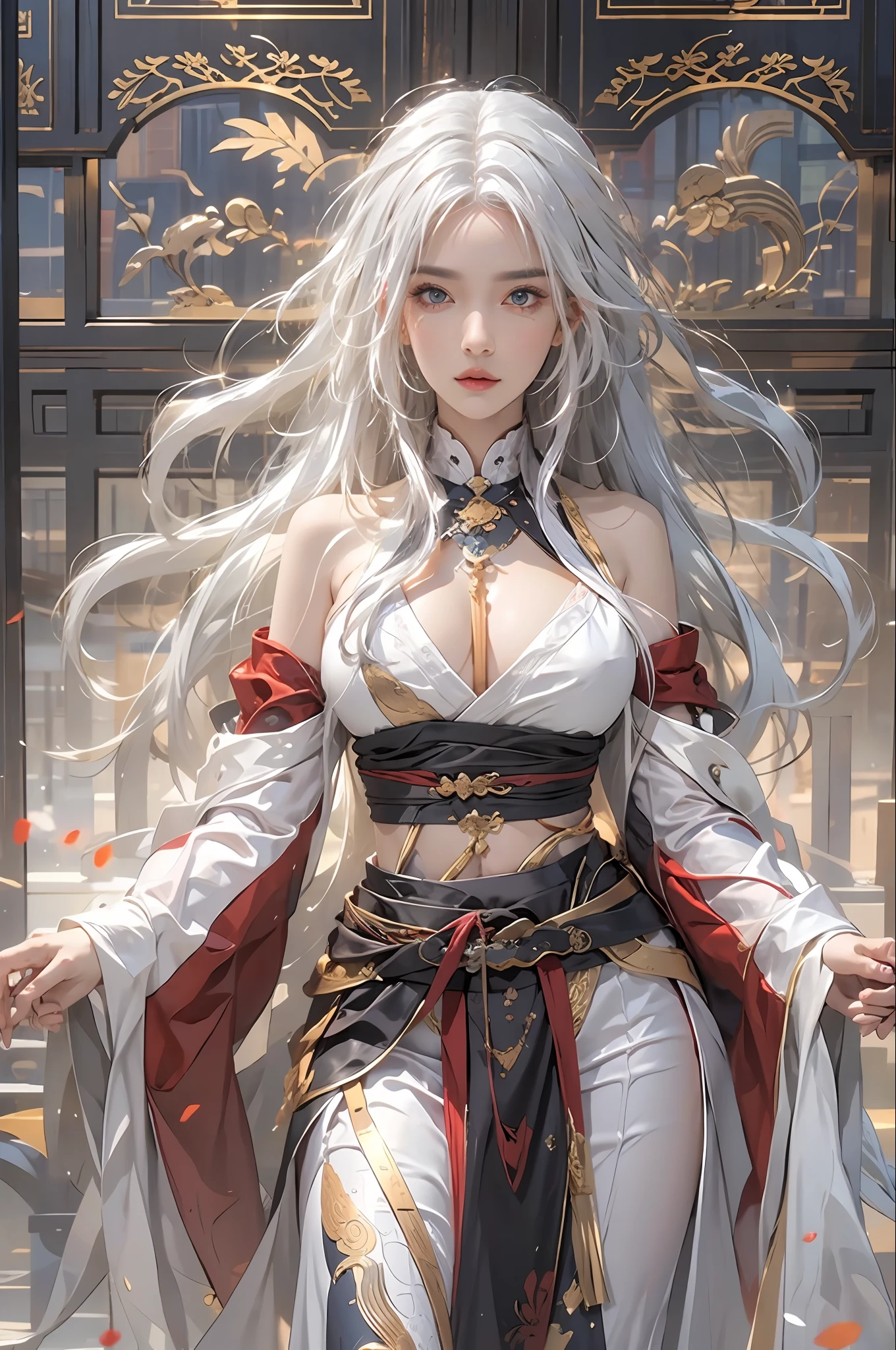 photorealistic, high resolution, 1women, solo, hips up, look at viewer, (detailed face), white hair, long hair, medium breasts, Taoist