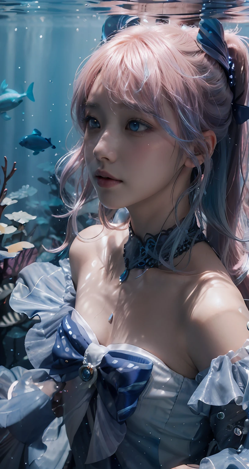 Cute Korean face，Innocent face，blue color eyes，A pink-haired，Blue hair ends，Qi bangs，Facial light and shadow，plain face，cinmatic lighting,Masterpiece, Super detail, High quality, High details, A high resolution, 4K, Award-Awarded，water bubbles，airbubble，Cinematic lighting, shadowing, filmgrain,，monochrome,escala cinza,a sketch,Realistic,Photorealistic，Bandeau off-the-shoulder dress，Oversized bow at chest，Light blue clothes，ocean floor，blue color eyes，There are small fish，Dark blue lace collar trim，closeup fantasy with water magic, cosplay, Guviz,airbubble，Guviz-style artwork，Underwater world，elegant floating pose, A pink-haired，Blue hair ends，cinmatic lighting,Masterpiece, Super detail, High quality, High details, A high resolution, 4K, Award-Awarded，water bubbles，airbubble，Cinematic lighting, shadowing, filmgrain, Artistic portrait of a girl，Gorgeous light and shadows，monochrome,escala cinza,a sketch,Realistic,Photorealistic，Cute Korean face，Innocent face，Facial light and shadow，plain face，Light blue skirt