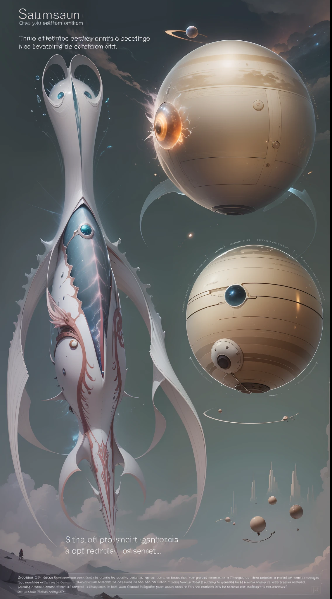 Being hypothetical of Saturn: A floating creature with an ethereal appearance, Composed of lightweight, flexible materials for traveling in the planet's dense atmosphere.. It could have streamlined shapes and drawn in the form of fins or tentacles to navigate between clouds and storms. Their highly developed sensory organs would allow them to detect climates and harness the energy of winds and lightning.. Their reproduction and mechanism could be different from terrestrial beings, with unique adaptations to survive in this extreme environment.