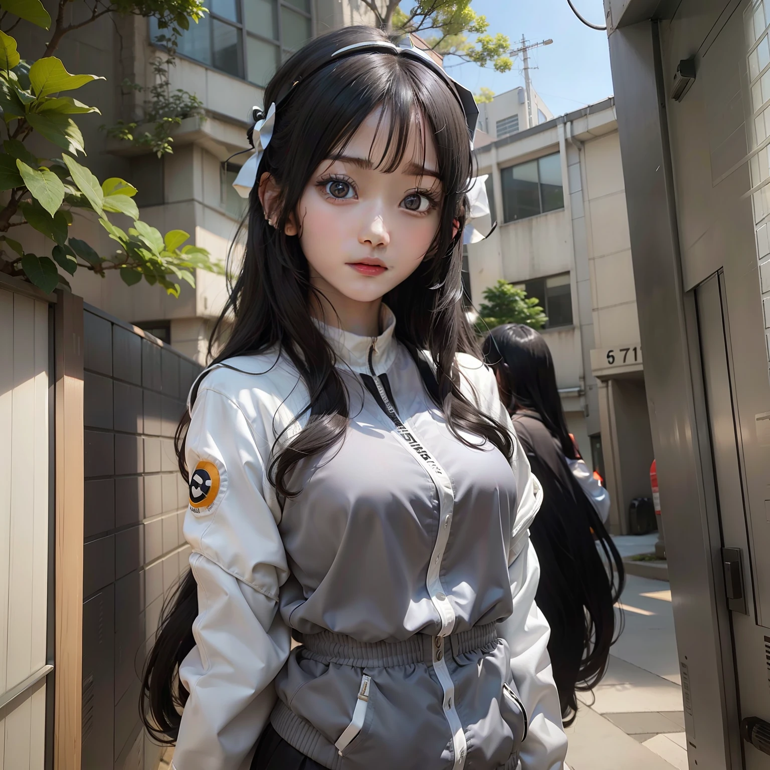 1girl, Hinata Hyuga, white jacket, white eye, long hair, black hair, realistic, ultra detail, 70mm lens,