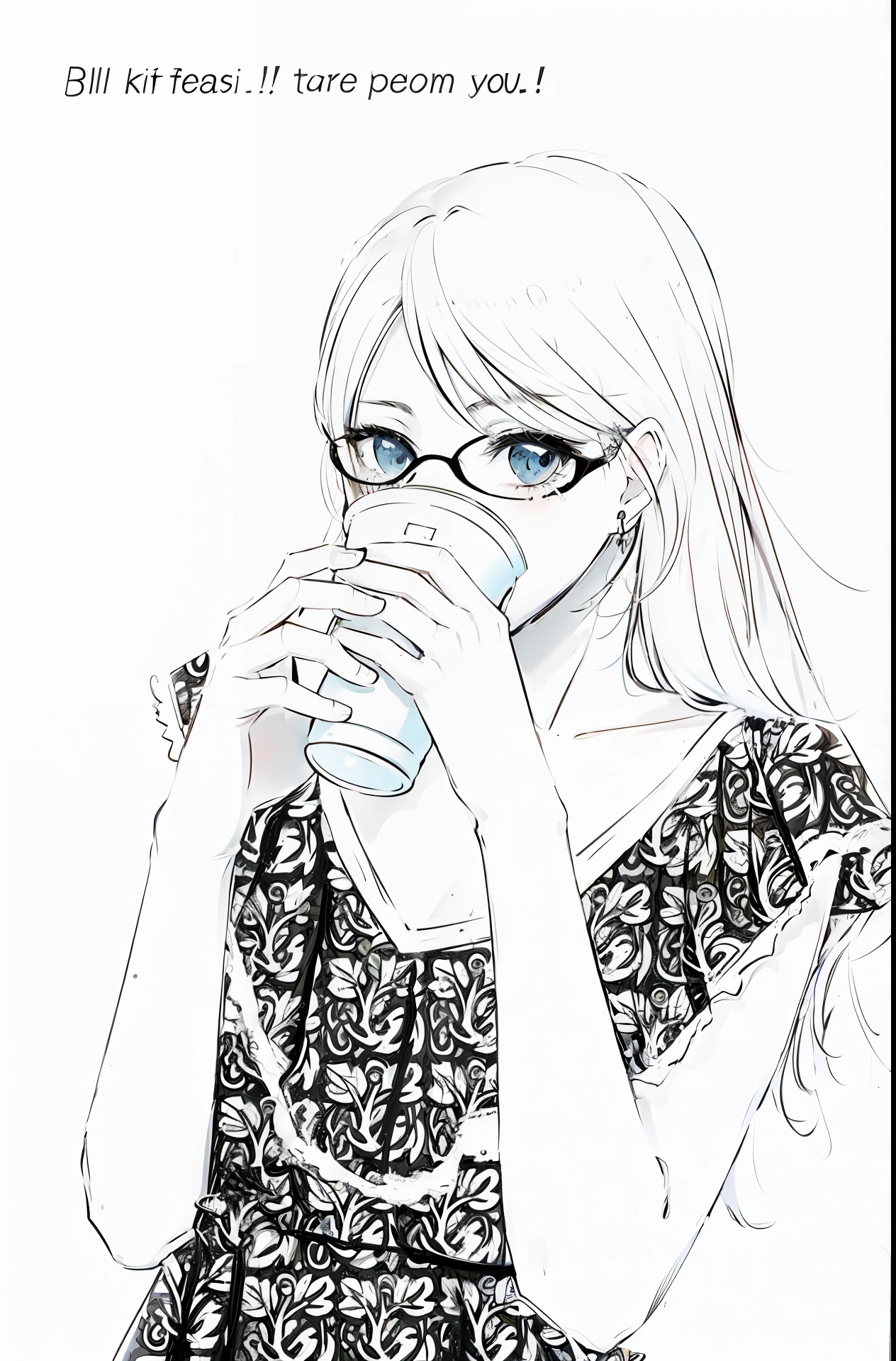 Draw a girl drinking a glass of water,There is a famous quote above, anime girls drink Energy drink, intense line art, drinking a coffee, Drinking coffee, line art illustration, author:ayami kojima, Is ((drink a tea)), black and white manga style, author:Middle Bokuhn, mysterious coffee shop girl, extremely fine ink lineart