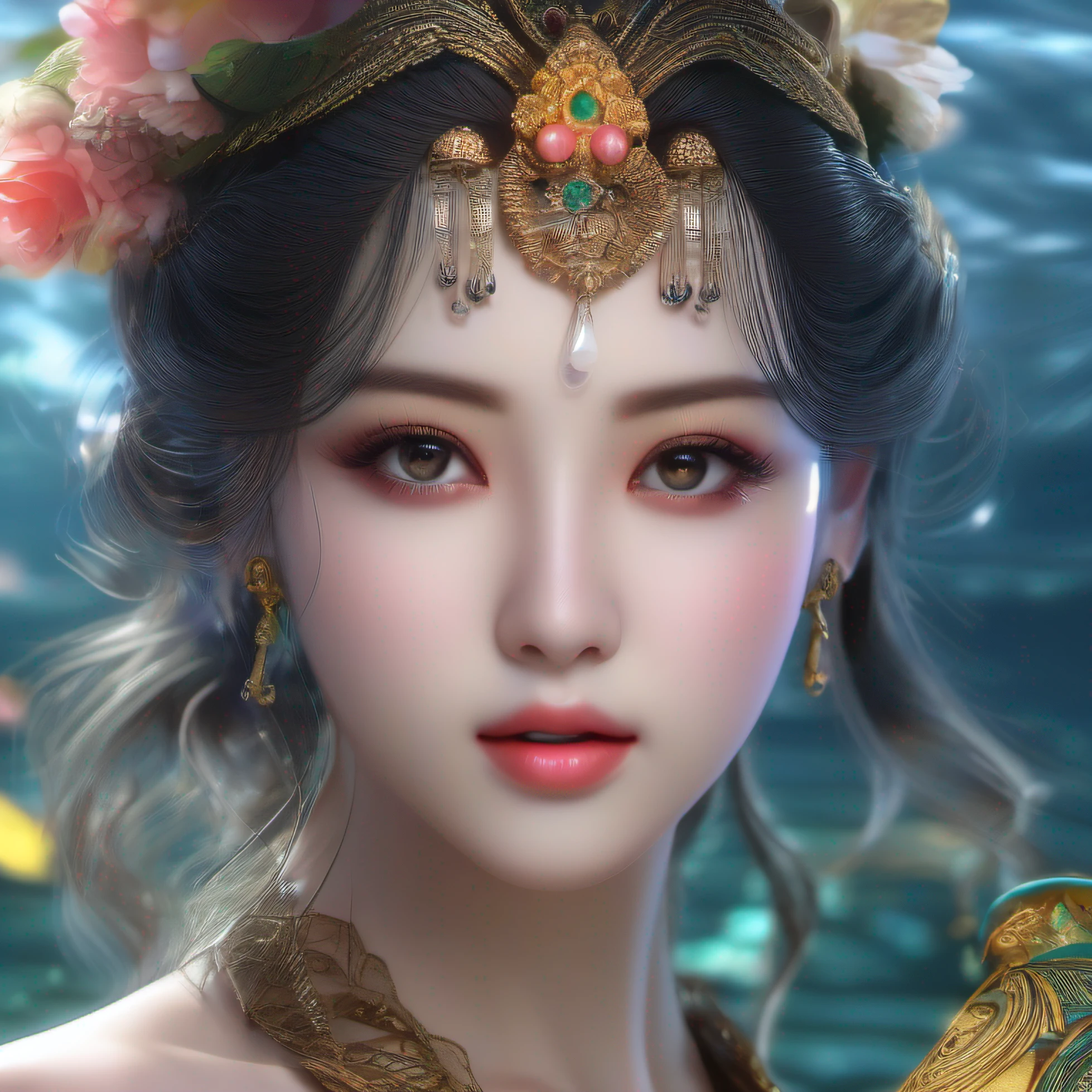 Ancient beauties controlled water, Immortal style, Water control magic, Sensual, Big eyes, Delicate eyes, Long lashes, Perfect body shape, Ethereal, well endowed, Emphasize the beauty of water control magic, Detailed description of the face, Beautiful girl with big eyes in ancient style, Detailed description of the pupil, 4K Ultra HD, Photorealistic, Detailed data on a pixel-by-pixel basis, A high resolution, High contrast, vivd colour